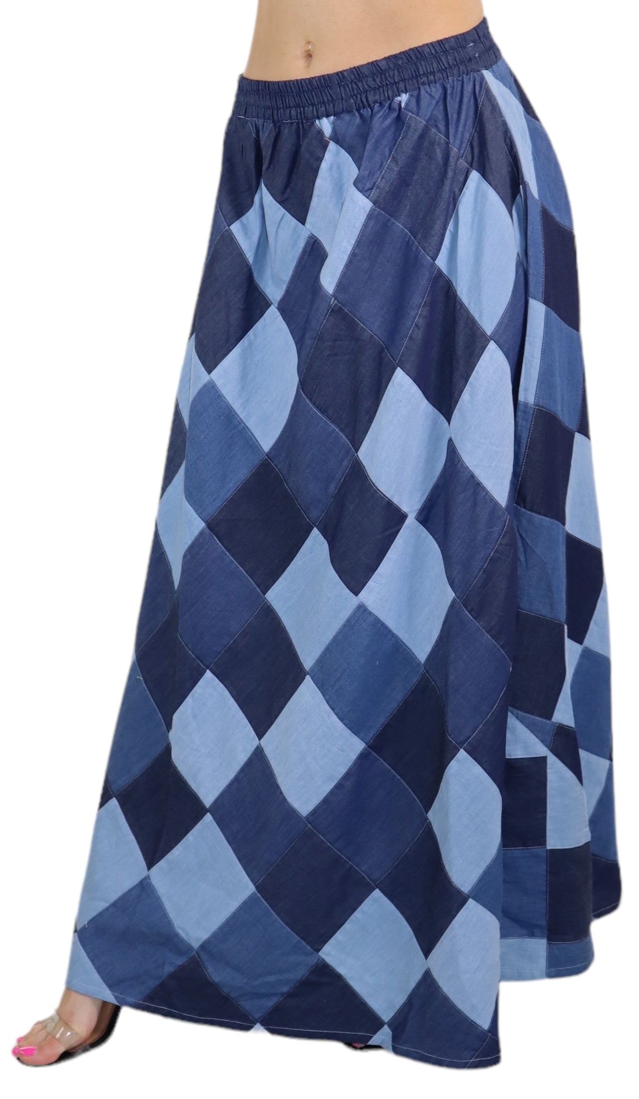 Denim Checkered A line Bohemian Flared Skirt with Elastic Waist