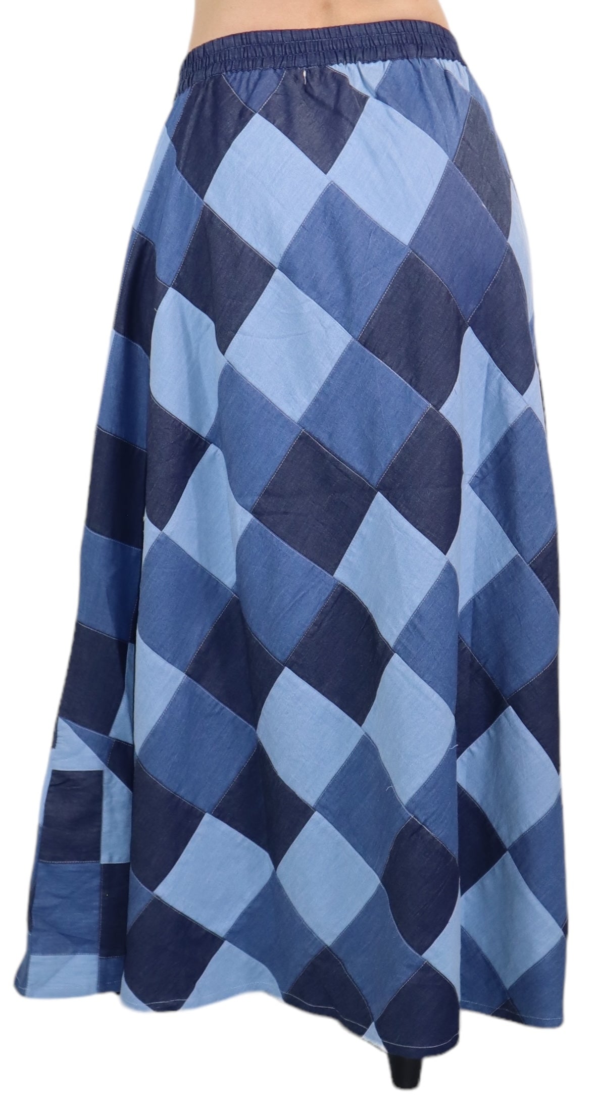 Denim Checkered A line Bohemian Flared Skirt with Elastic Waist