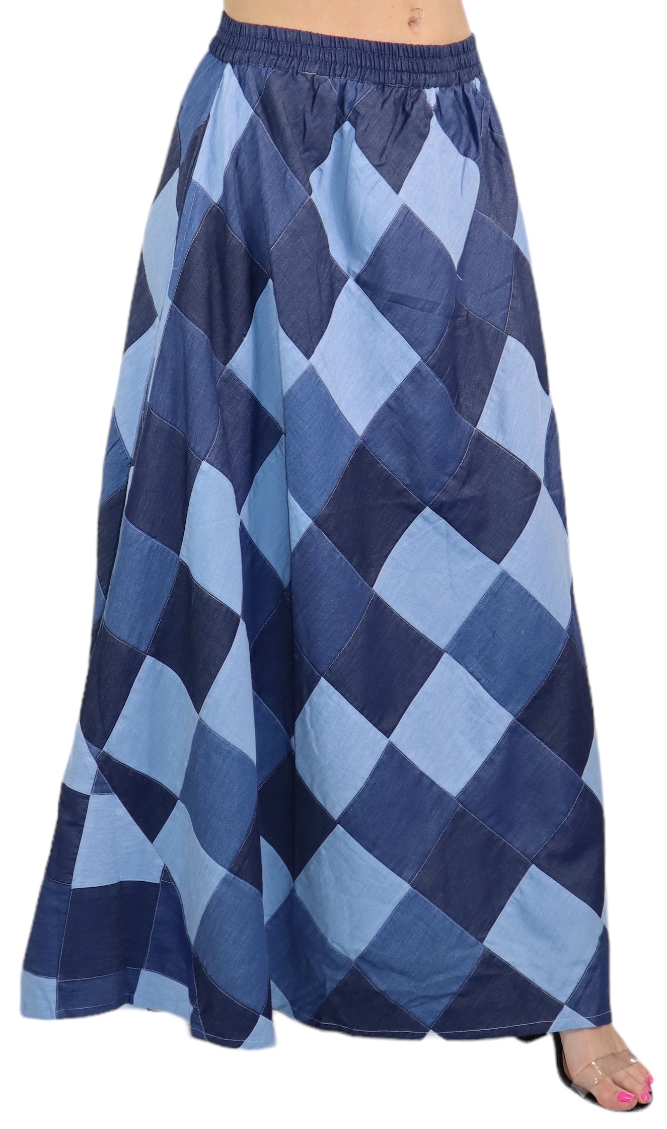 Denim Checkered A line Bohemian Flared Skirt with Elastic Waist