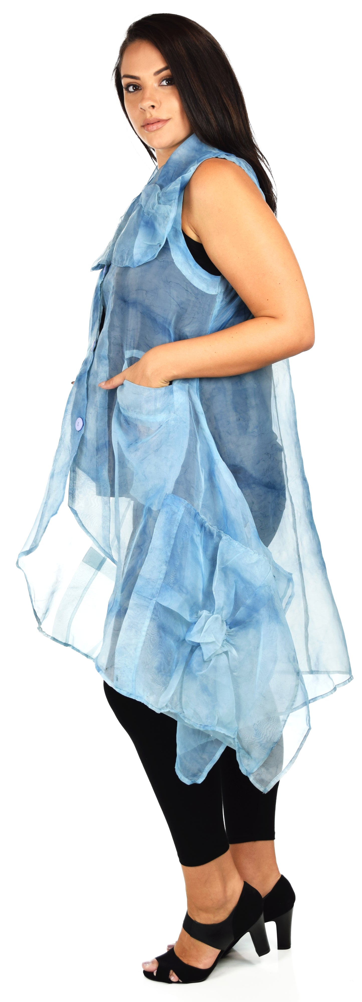 Designer Jacket,Lagen look Jacket Organza Jacket, Long Vest, Asymmetrical vest with buttoned down front. M to 1XL