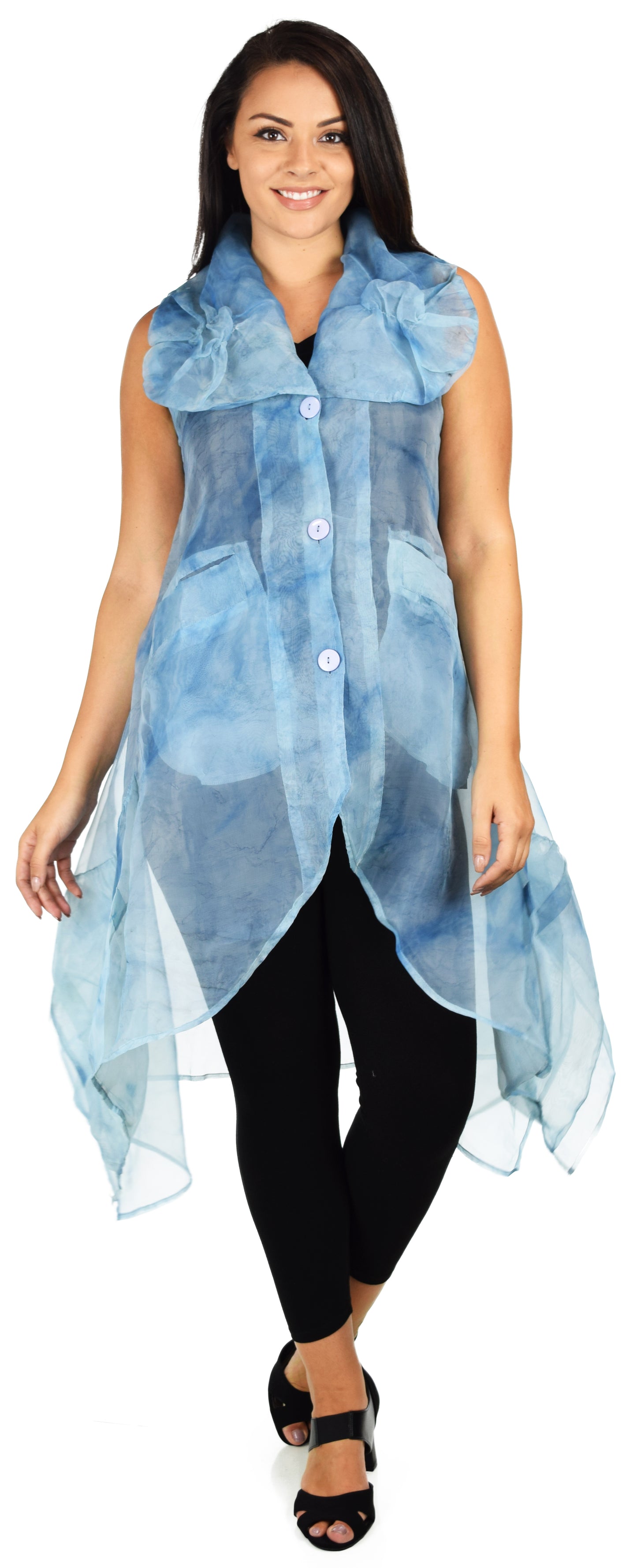 Designer Jacket,Lagen look Jacket Organza Jacket, Long Vest, Asymmetrical vest with buttoned down front. M to 1XL