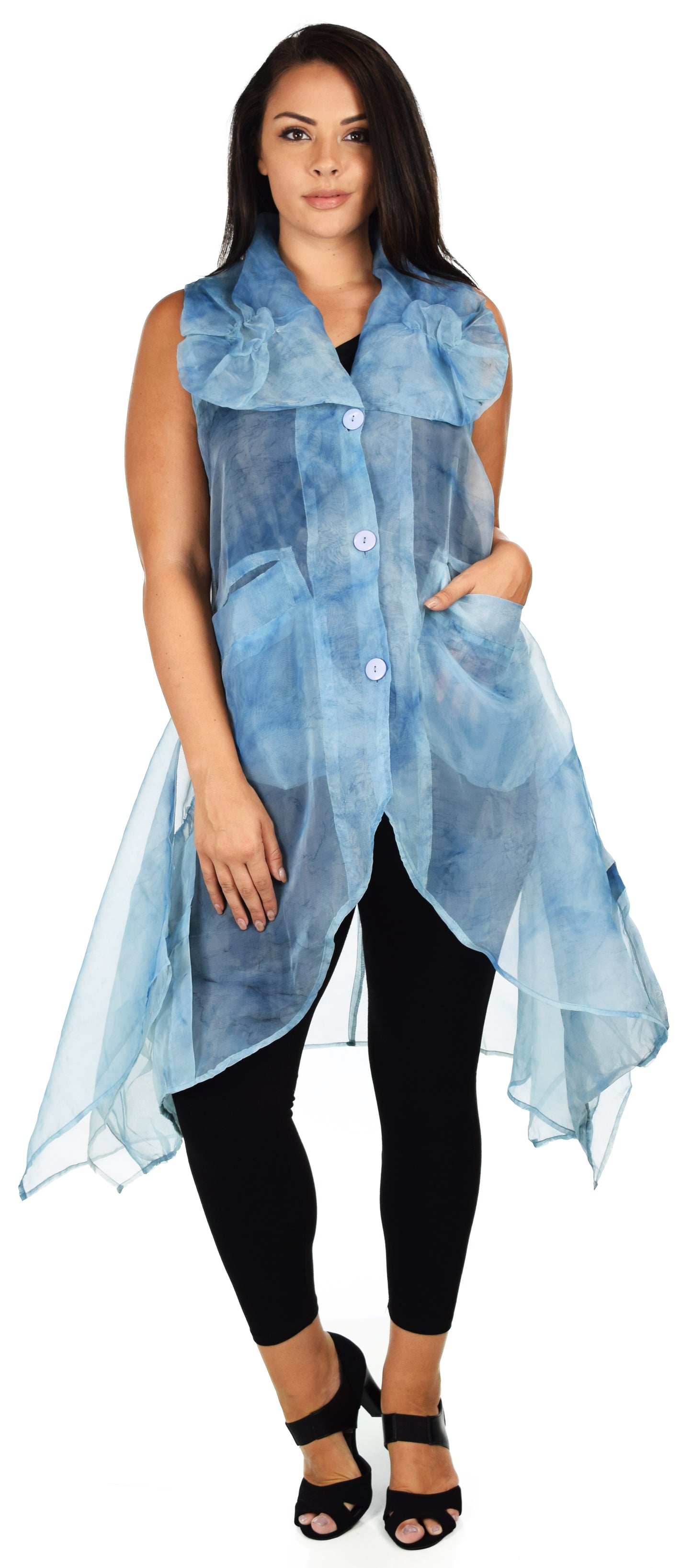 Designer Jacket,Lagen look Jacket Organza Jacket, Long Vest, Asymmetrical vest with buttoned down front. M to 1XL