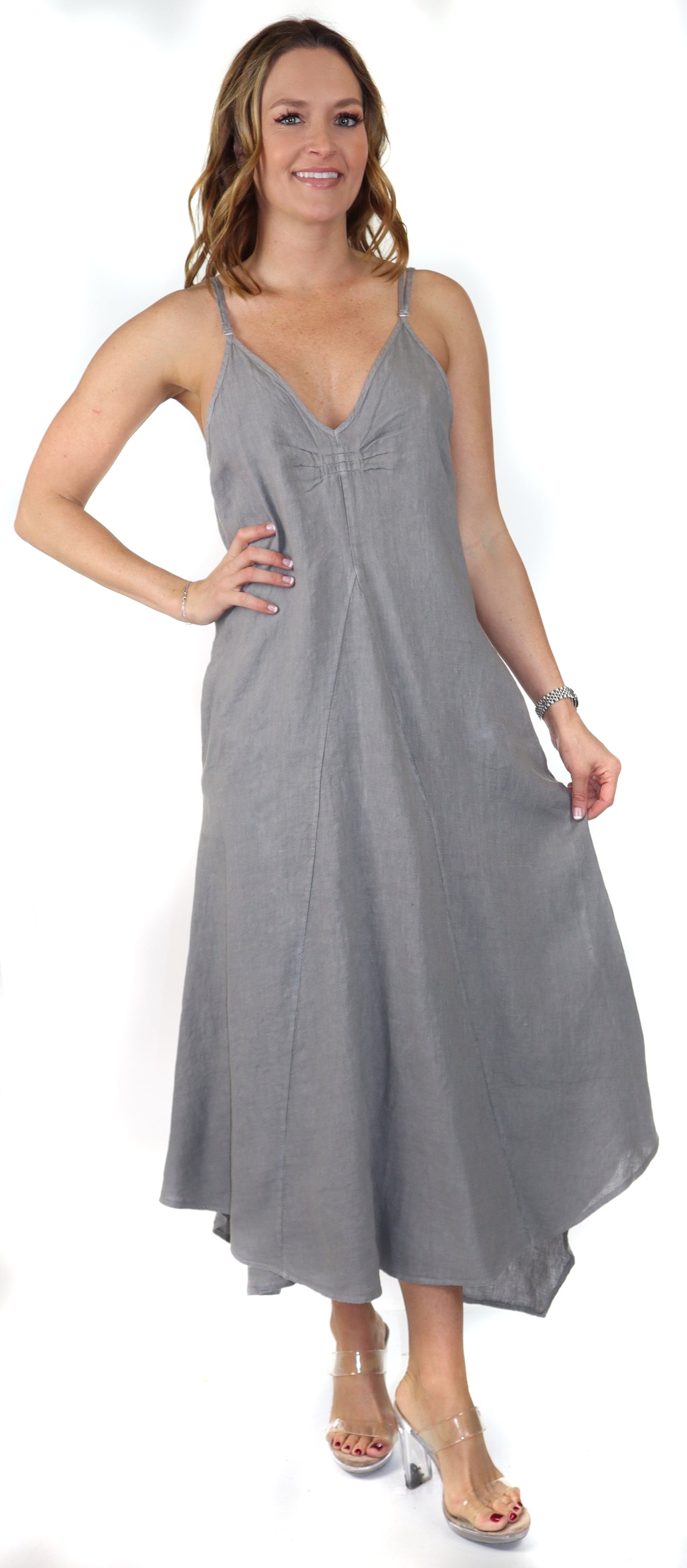 Women's Spaghetti Strap Maxi Dress with Deep Side Pockets, Made in Italy, 100% linen Spaghetti Strap Maxi Dress with Deep Side Pockets, Made in Italy