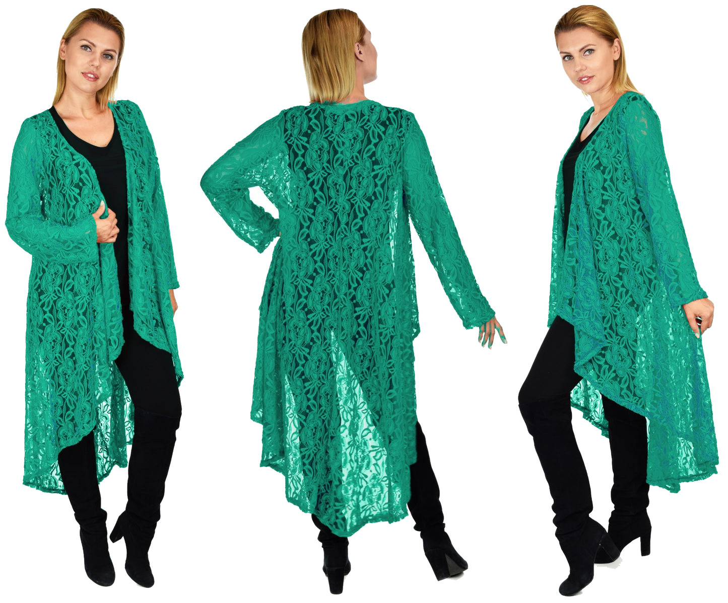 Dare2bStylish Women Plus Size High Low Open Front Lace Duster Cardigan Jacket