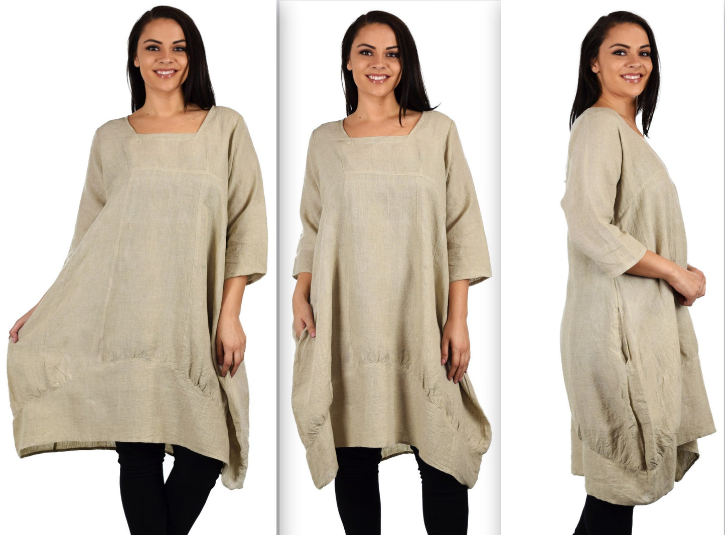 Zopali Women's Plus Size Breathable Linen 3/4 Sleeve Bubble Hem Pullover Dress Top