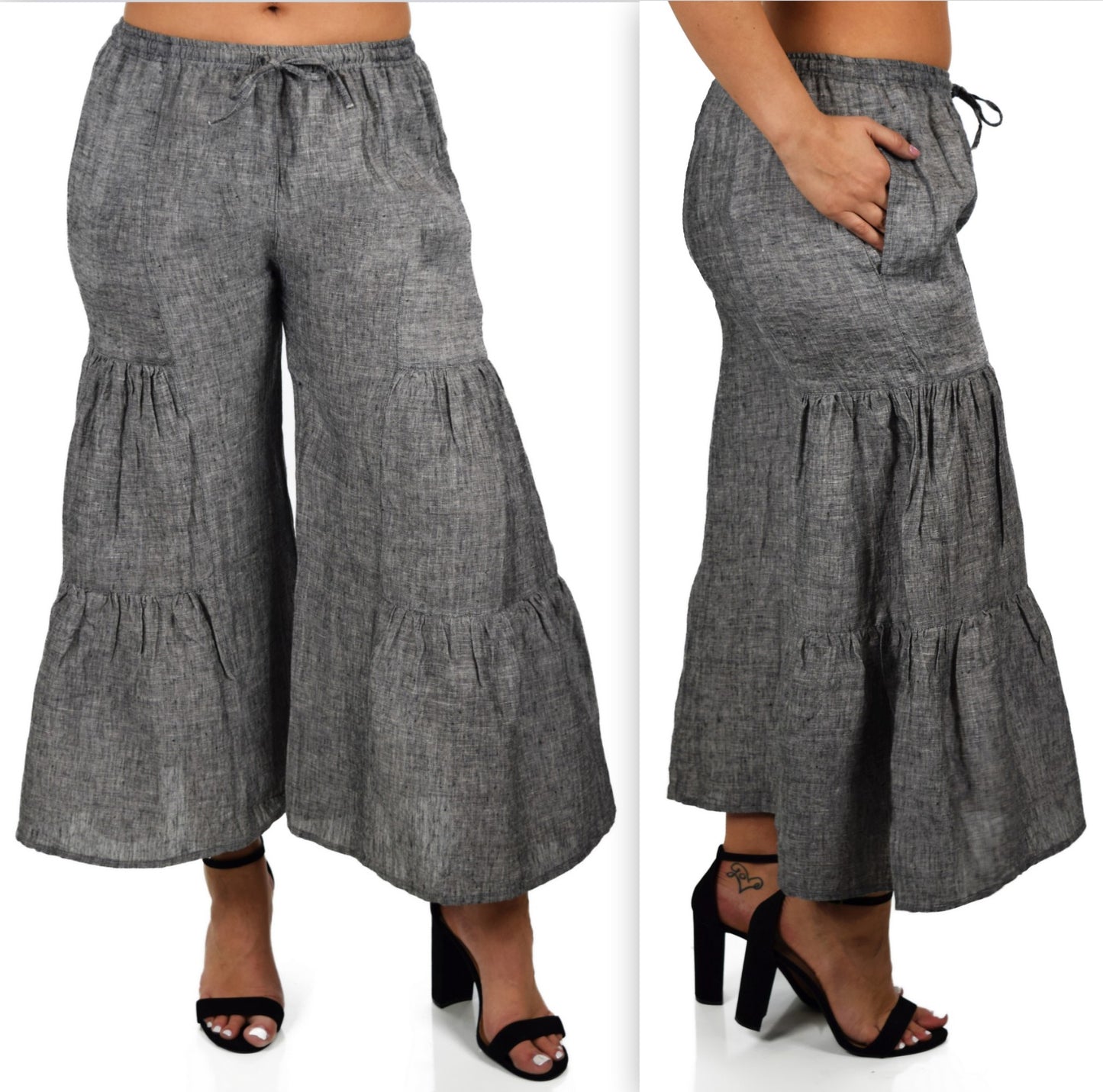 Zopali Women's Linen Boho Wide Leg 3 Tier Flared Bell Bottom Pants | Reg & Plus Sizes