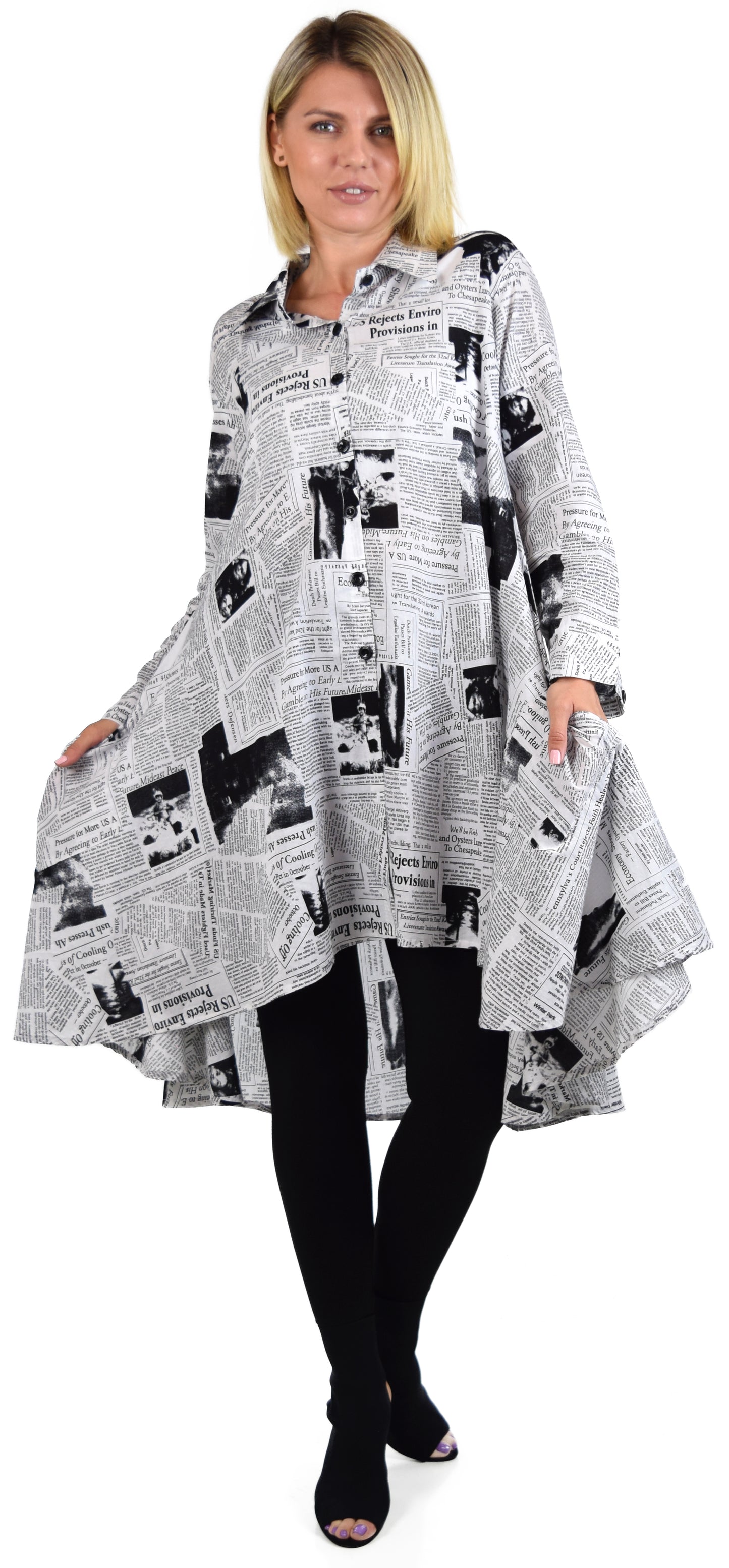 Newspaper Print Shirt, Designer Shirt, Hi Low Shirt, Cotton Shirt, Newspaper Print Blouse, Newspaper Print Clothing, Size Small to 3XL