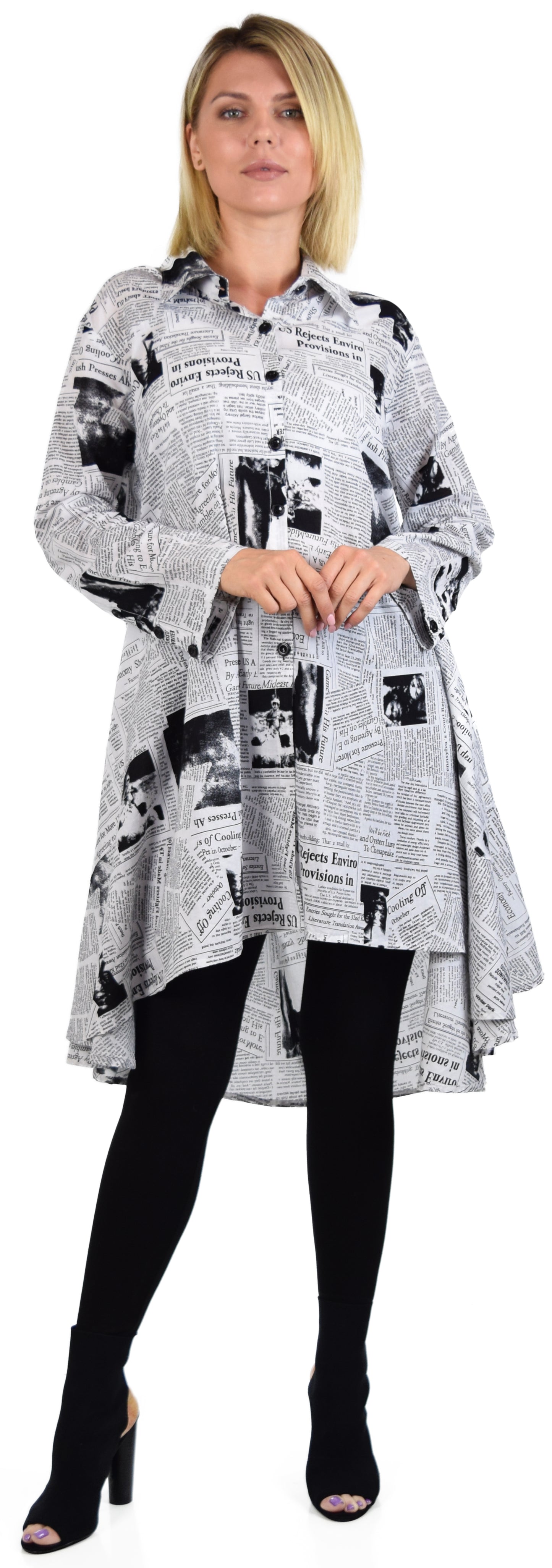 Newspaper Print Shirt, Designer Shirt, Hi Low Shirt, Cotton Shirt, Newspaper Print Blouse, Newspaper Print Clothing, Size Small to 3XL