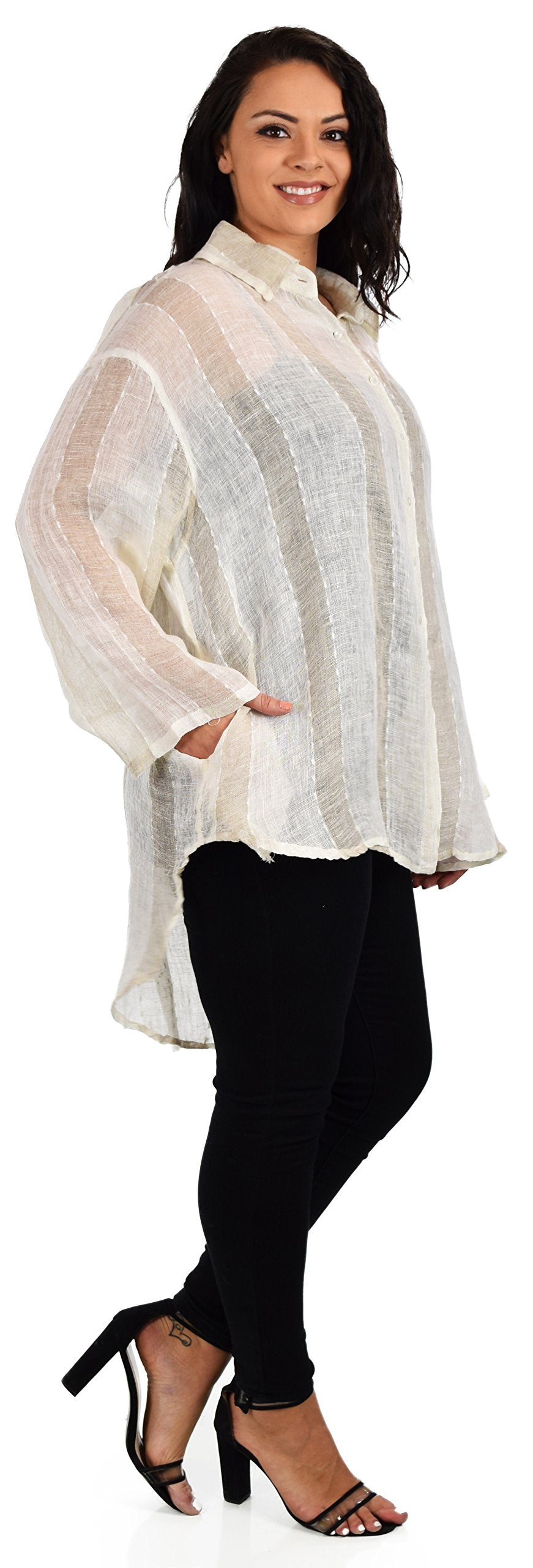 Women's Linen Gauze Blouse,  High Low Button Down Linen Shirt , Semi Sheer Linen Gause Tunic, Regular & Plus Sizes