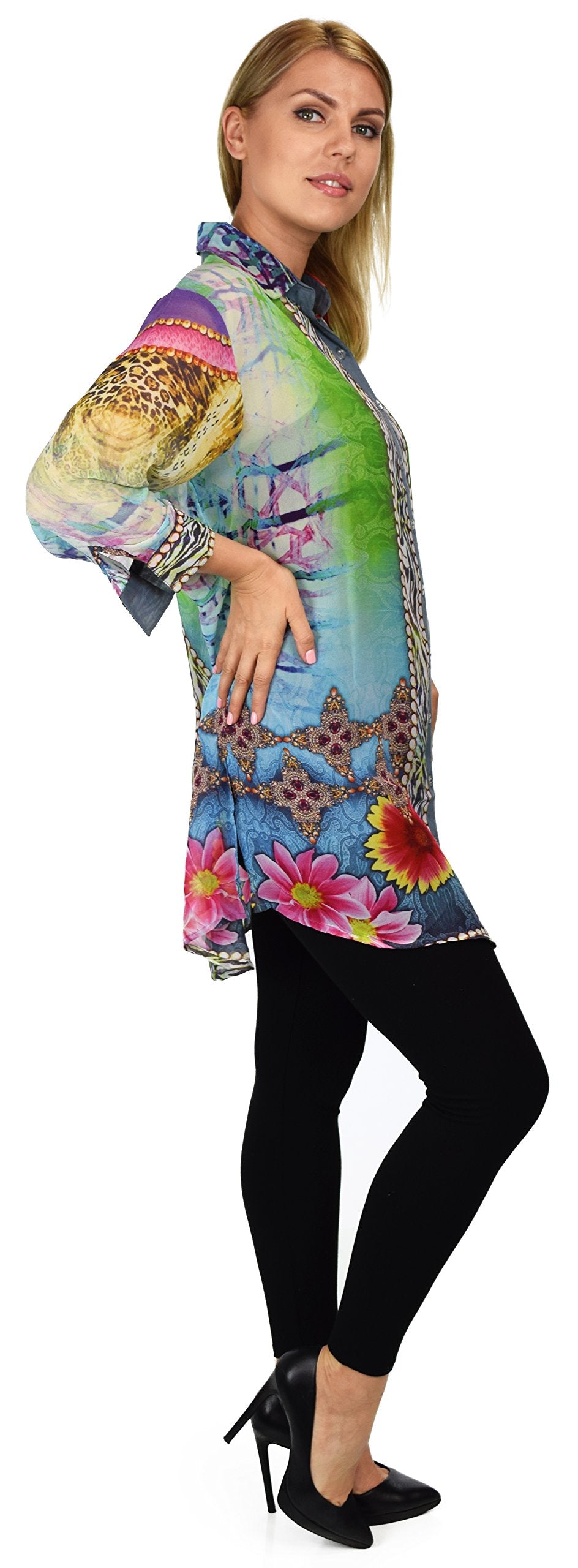 Artsy Semi Sheer Blouse, Chiffon Blouse,Button Down Blouse, Collared Exotic Print Shirt