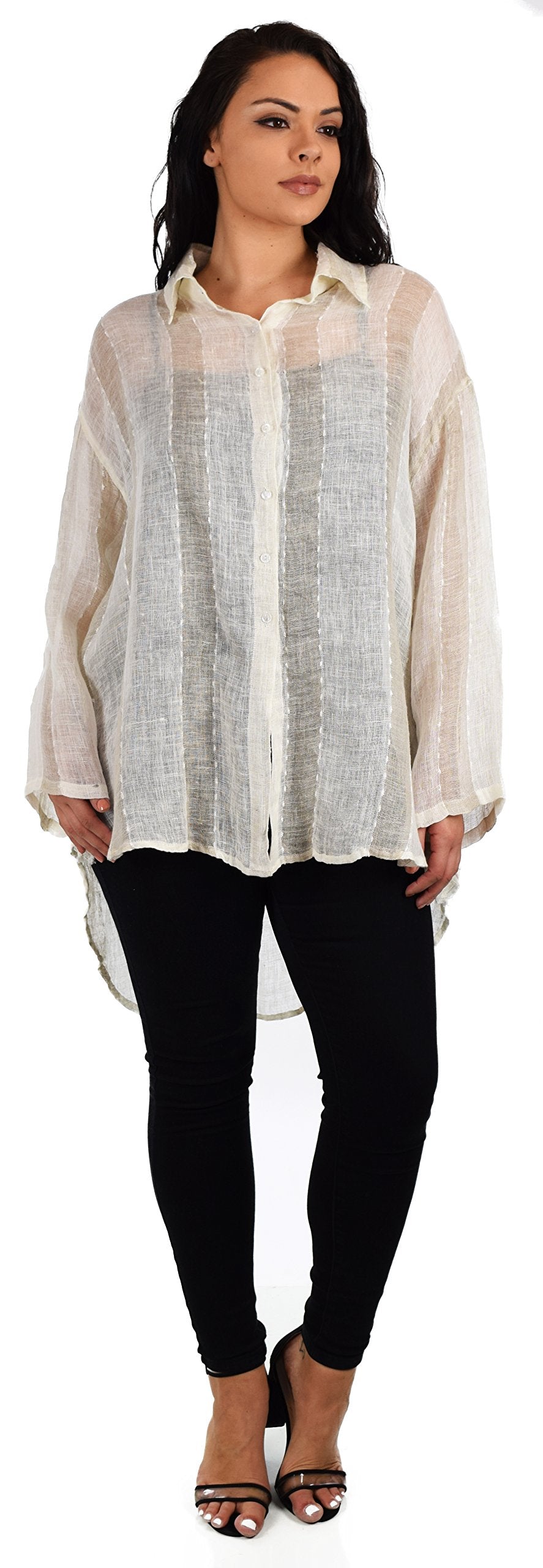 Women's Linen Gauze Blouse,  High Low Button Down Linen Shirt , Semi Sheer Linen Gause Tunic, Regular & Plus Sizes