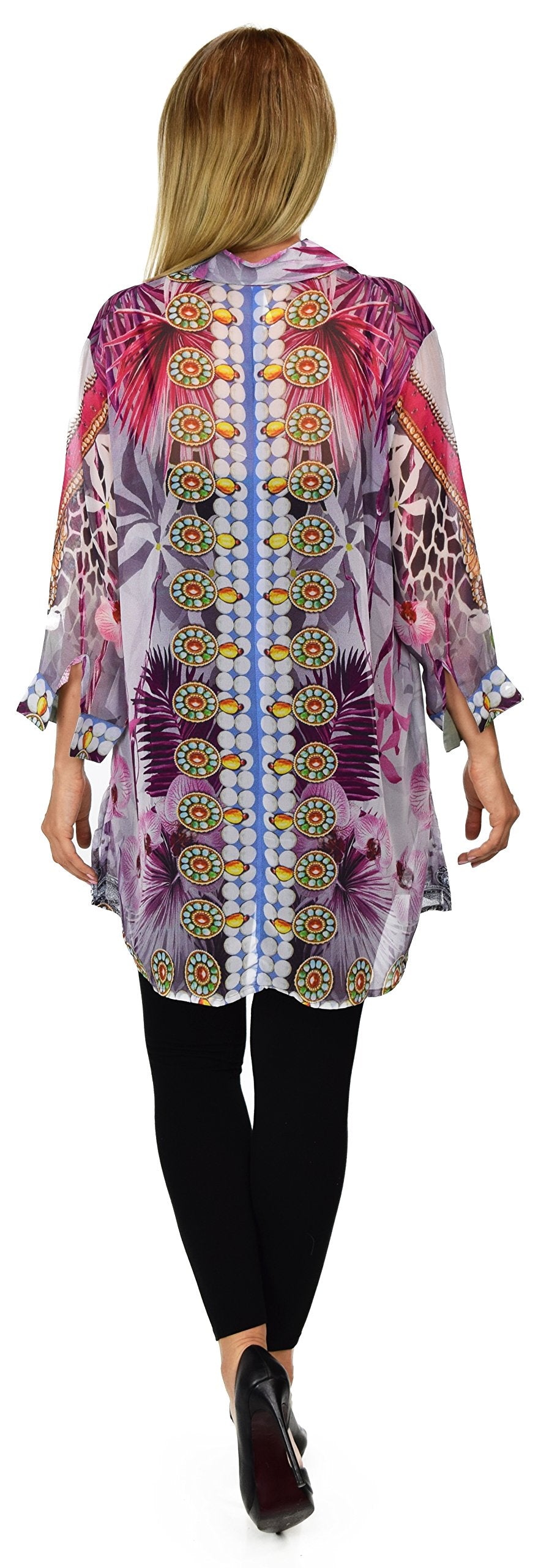 Artsy Semi Sheer Blouse, Chiffon Blouse,Button Down Blouse, Collared Exotic Print Shirt