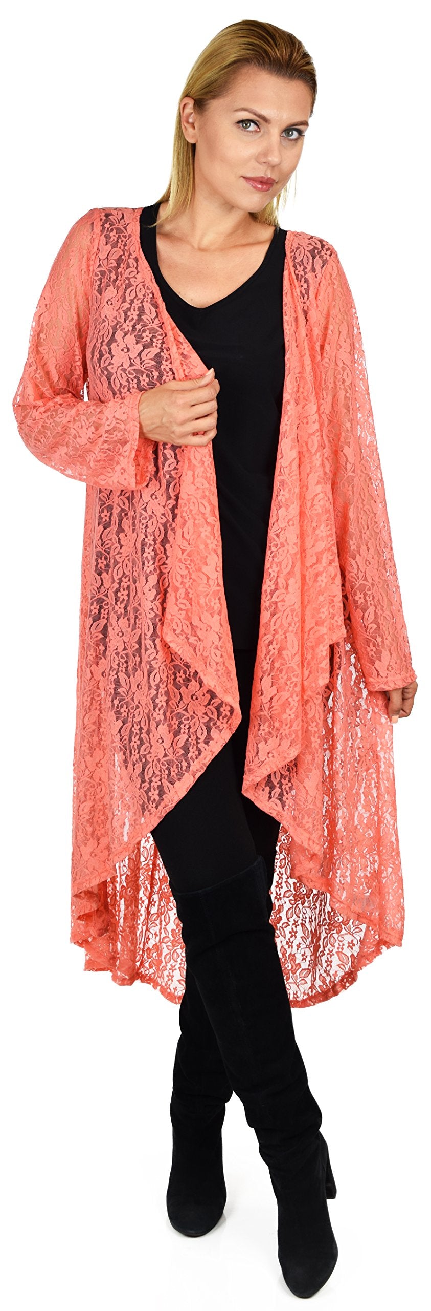 Dare2bStylish Women Plus Size High Low Open Front Lace Duster Cardigan Jacket