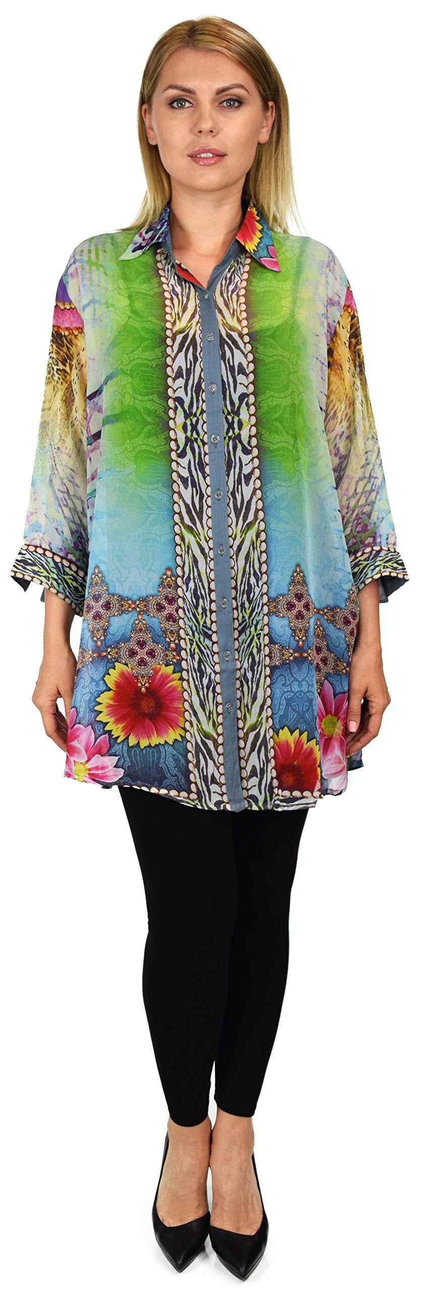 Artsy Semi Sheer Blouse, Chiffon Blouse,Button Down Blouse, Collared Exotic Print Shirt