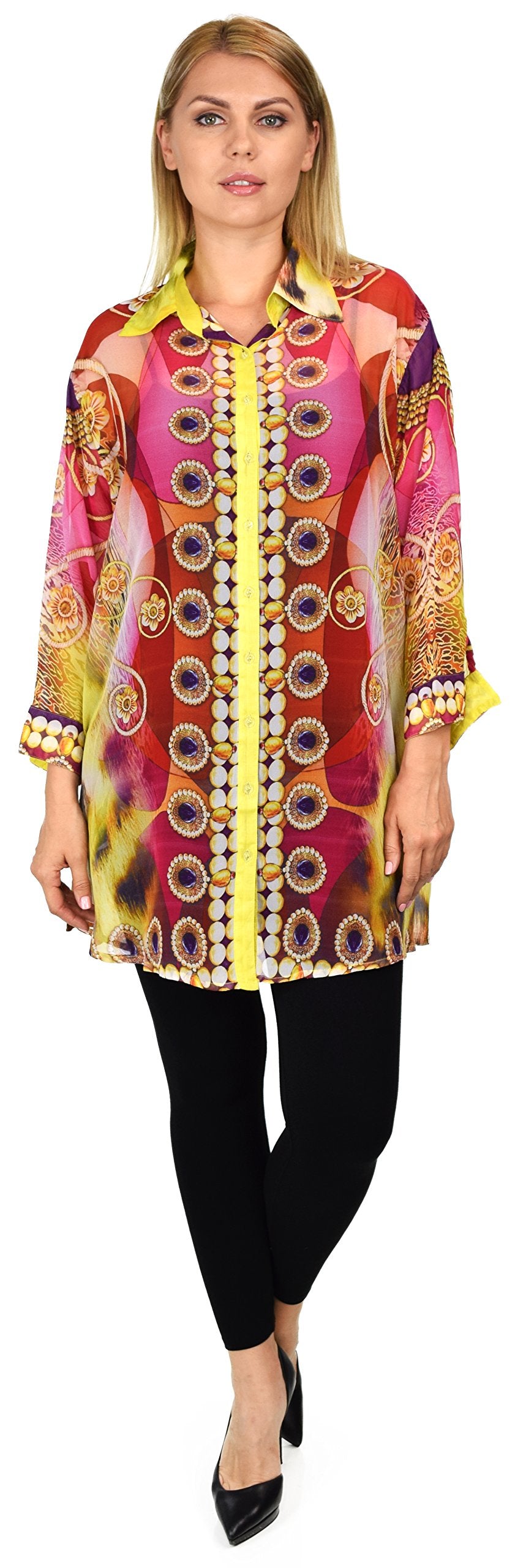 Artsy Semi Sheer Blouse, Chiffon Blouse,Button Down Blouse, Collared Exotic Print Shirt