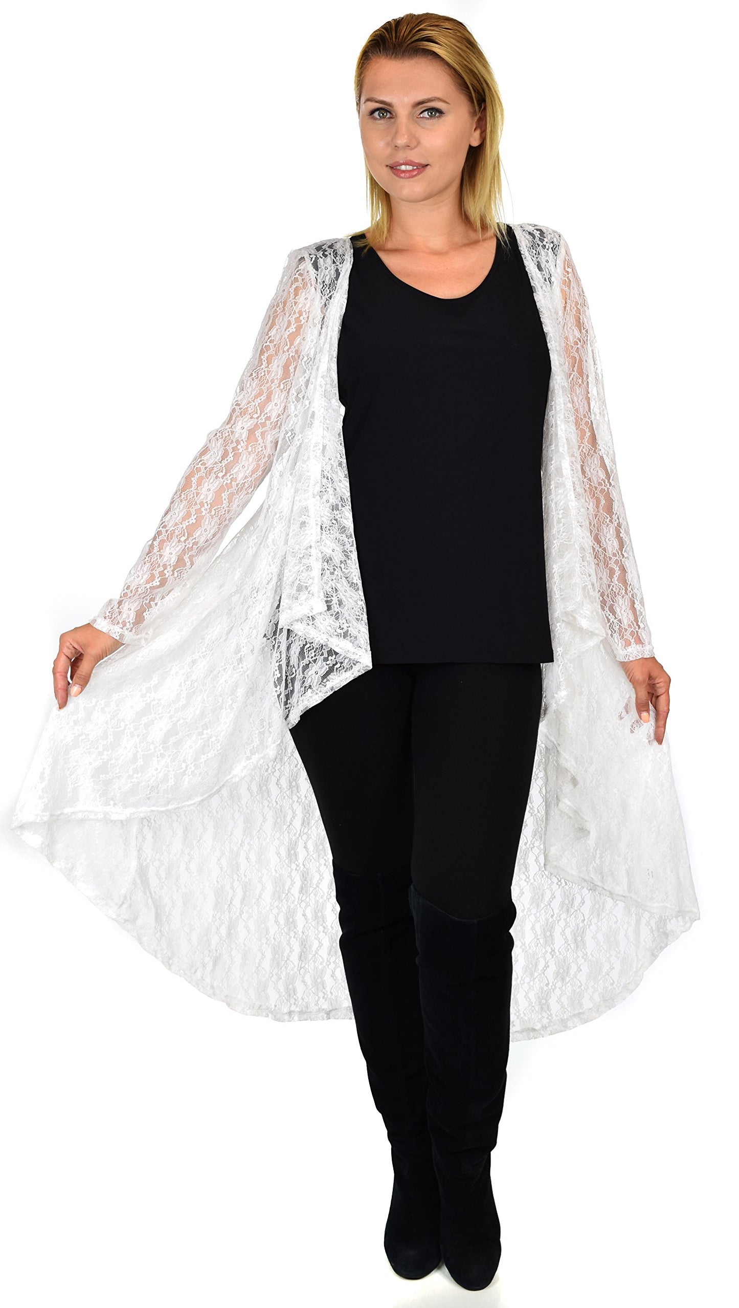 Dare2bStylish Women Plus Size High Low Open Front Lace Duster Cardigan Jacket