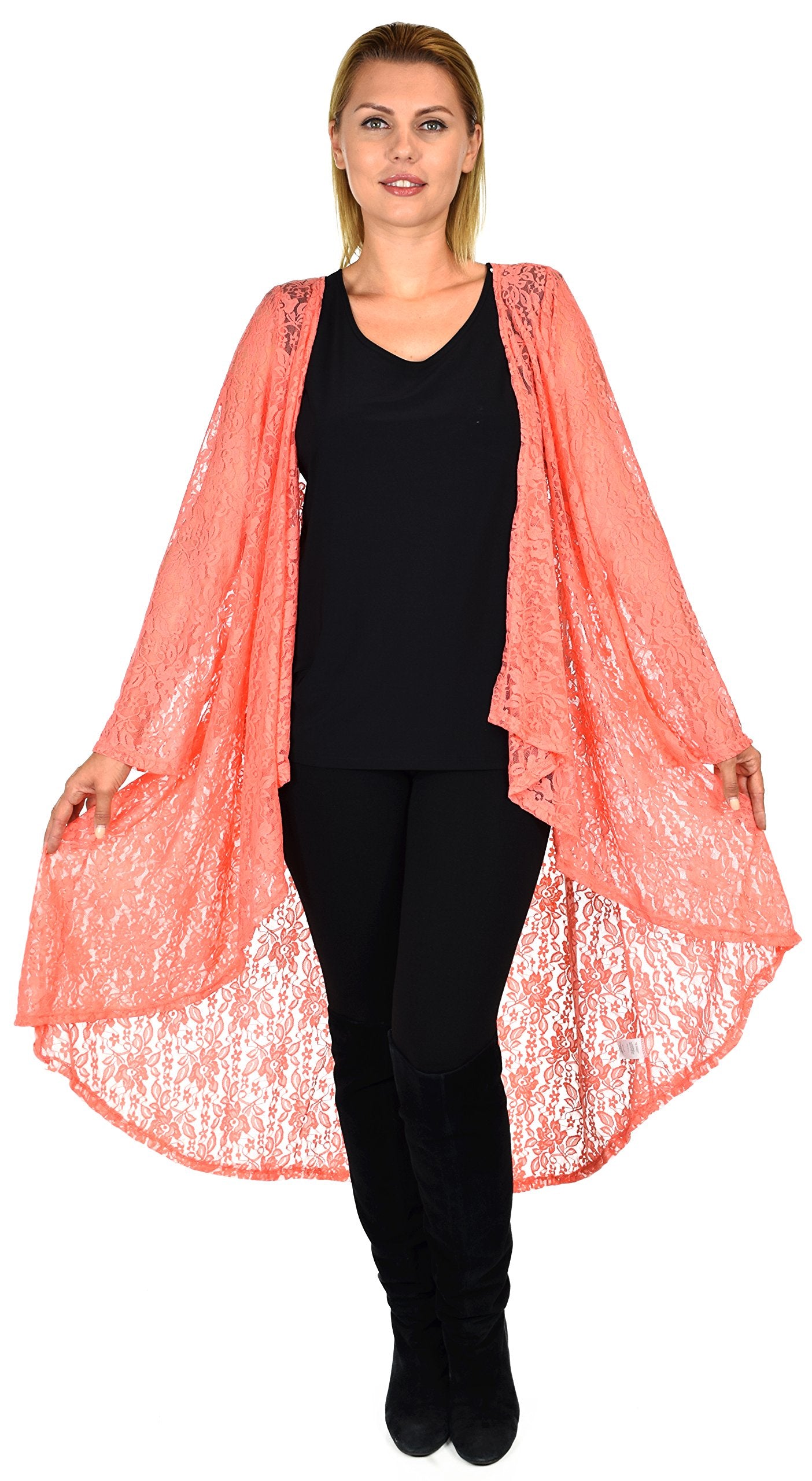 Dare2bStylish Women Plus Size High Low Open Front Lace Duster Cardigan Jacket