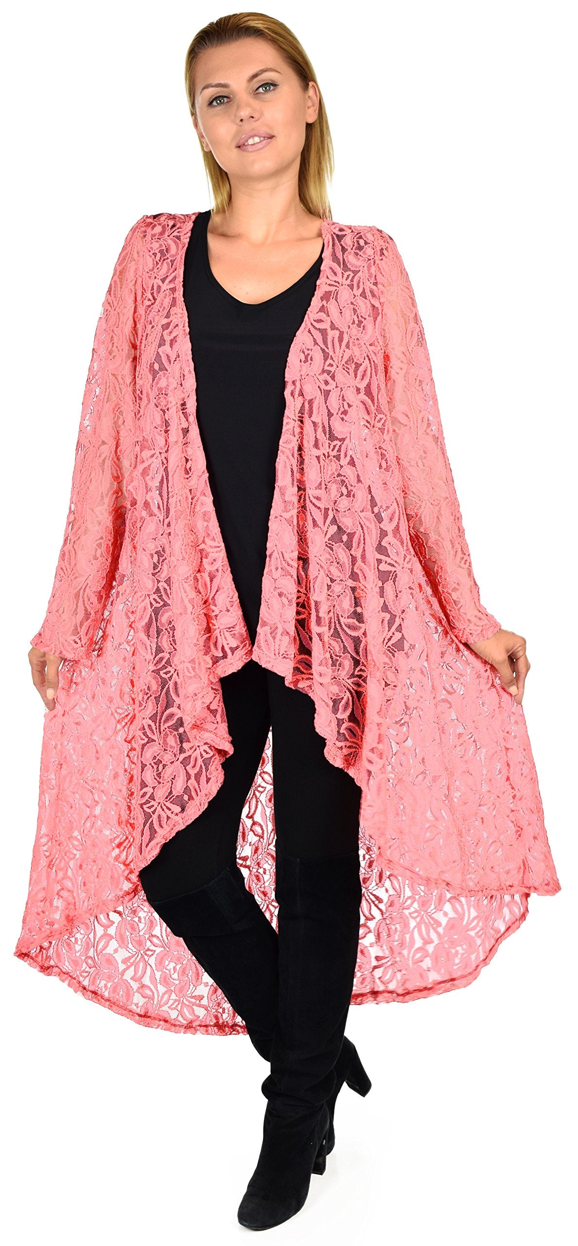 Dare2bStylish Women Plus Size High Low Open Front Lace Duster Cardigan Jacket