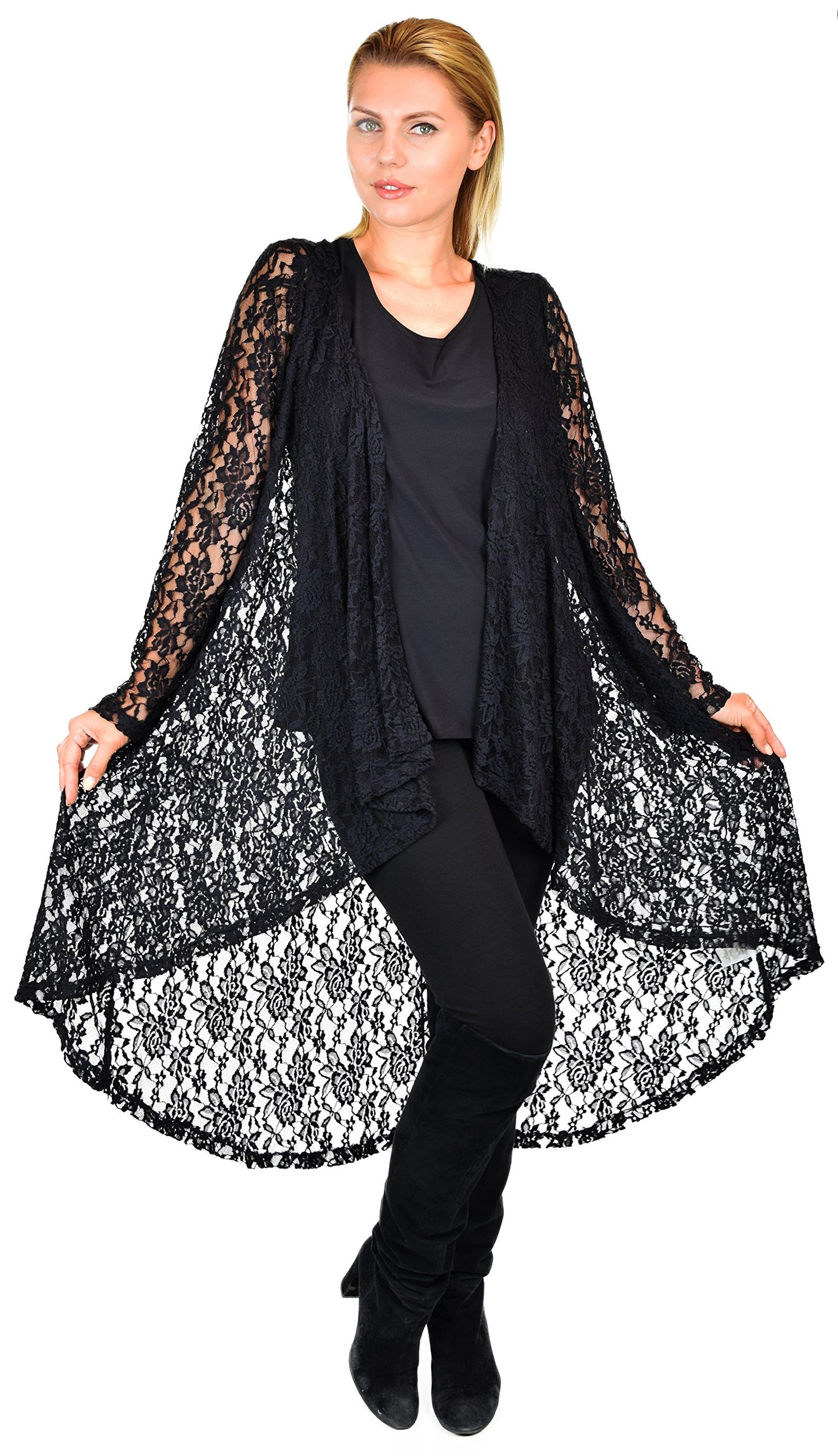 Dare2bStylish Women Plus Size High Low Open Front Lace Duster Cardigan Jacket