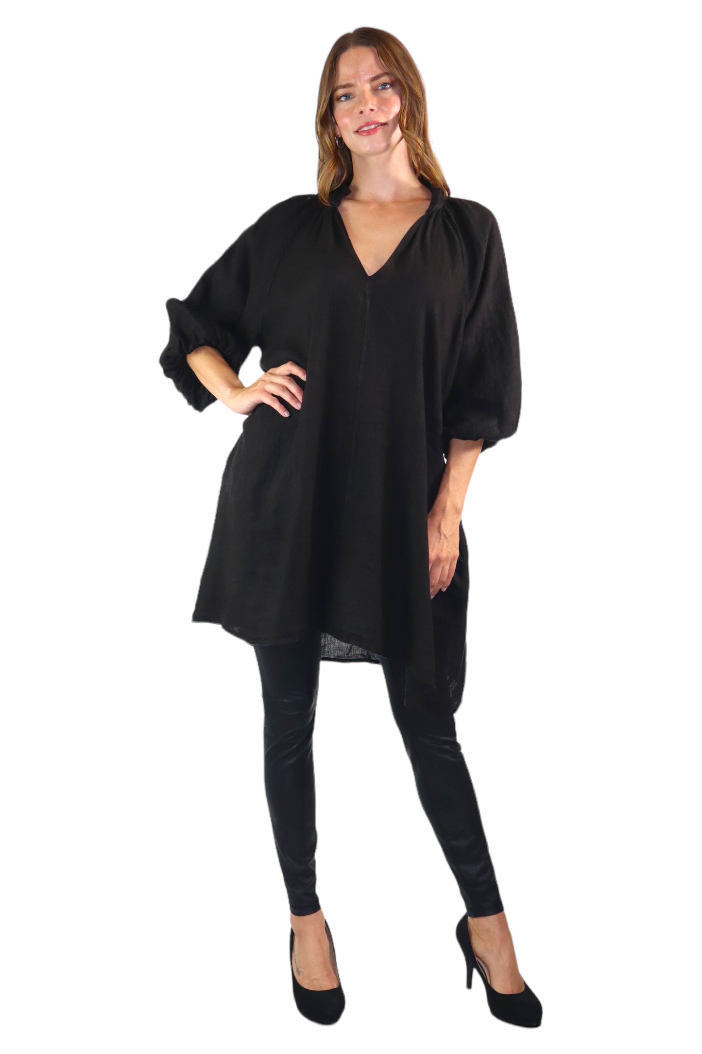 Womens 100% Linen Puff Sleeved V Neck Tunic Blouse Top w/Side Pockets | One Size Fits All (Small-2X)