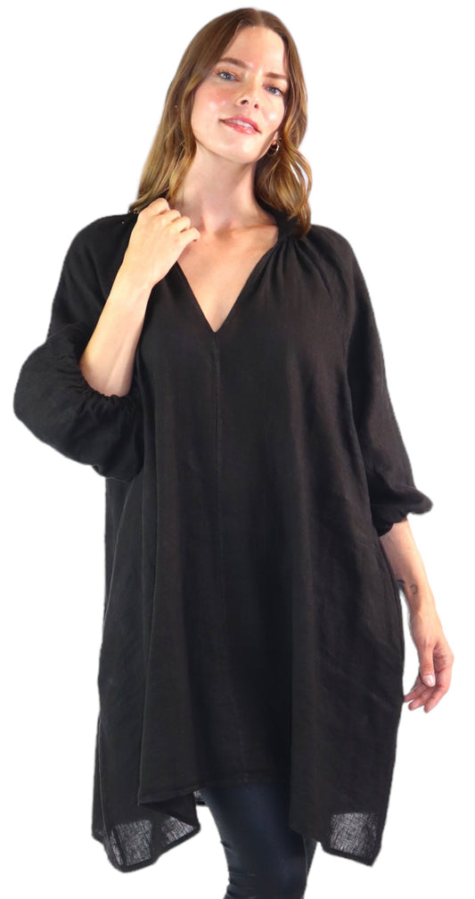 Womens 100% Linen Puff Sleeved V Neck Tunic Blouse Top w/Side Pockets | One Size Fits All (Small-2X)