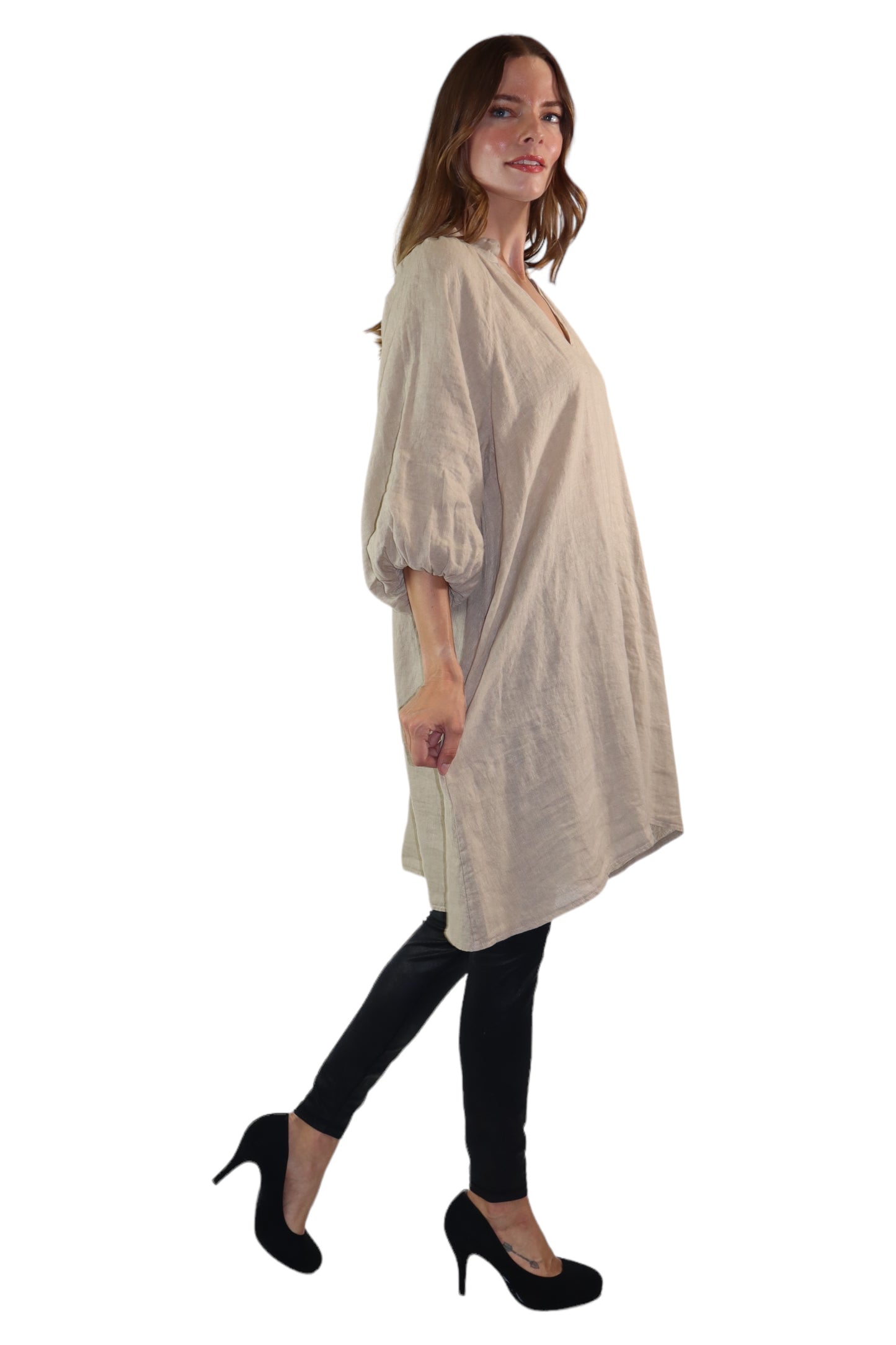 Womens 100% Linen Puff Sleeved V Neck Tunic Blouse Top w/Side Pockets | One Size Fits All (Small-2X)