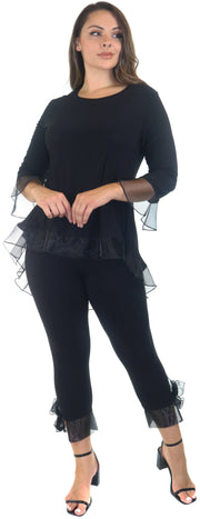 Womens High Low Tunic Blouse Top with Organza Sleeves and Hemline, Regular and Plus Sizes