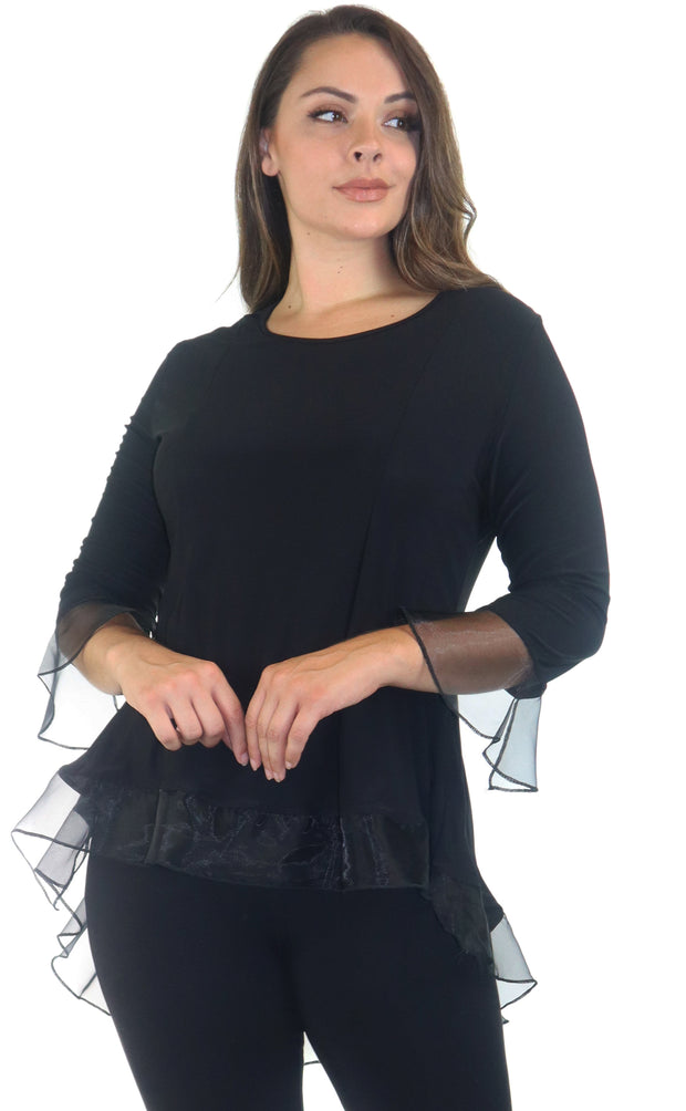 Womens High Low Tunic Blouse Top with Organza Sleeves and Hemline, Regular and Plus Sizes