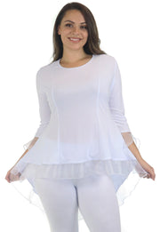 Womens High Low Tunic Blouse Top with Organza Sleeves and Hemline, Regular and Plus Sizes