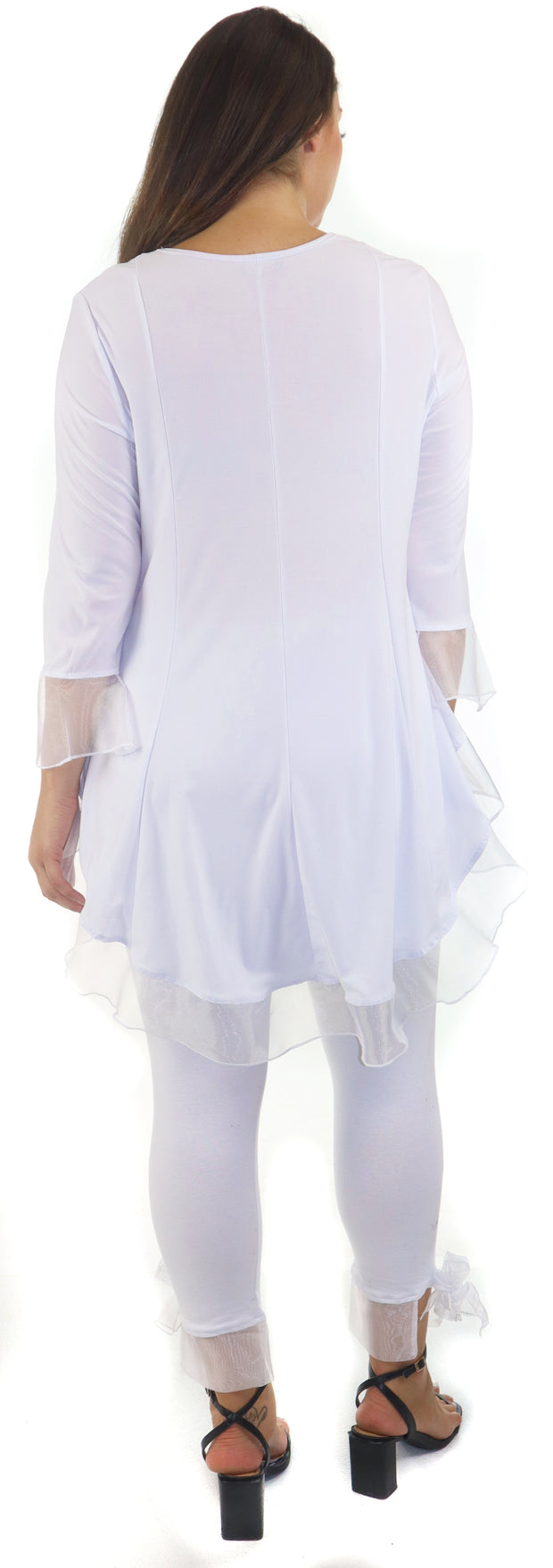 Womens High Low Tunic Blouse Top with Organza Sleeves and Hemline, Regular and Plus Sizes