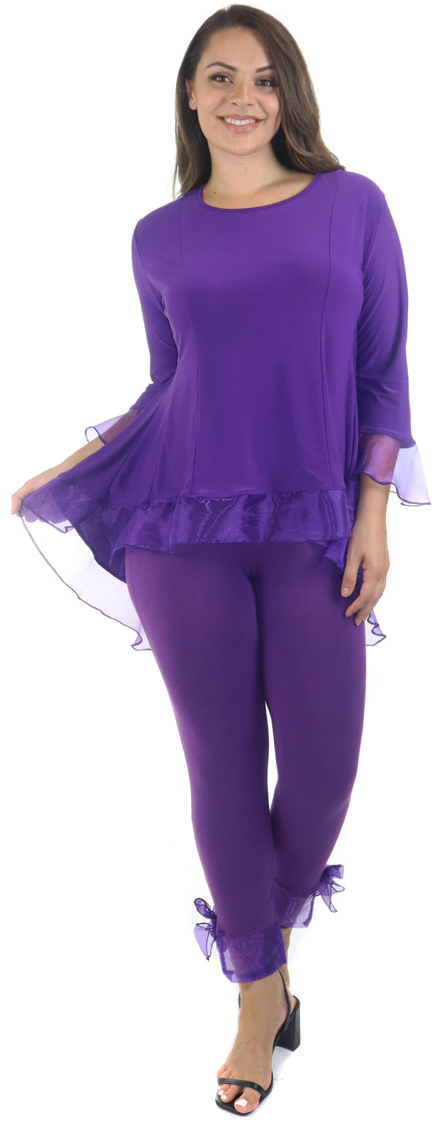 Womens High Low Tunic Blouse Top with Organza Sleeves and Hemline, Regular and Plus Sizes