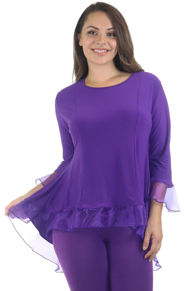 Womens High Low Tunic Blouse Top with Organza Sleeves and Hemline, Regular and Plus Sizes