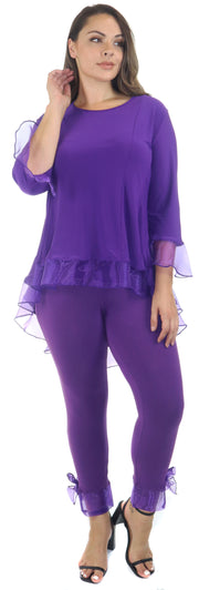 Womens High Low Tunic Blouse Top with Organza Sleeves and Hemline, Regular and Plus Sizes