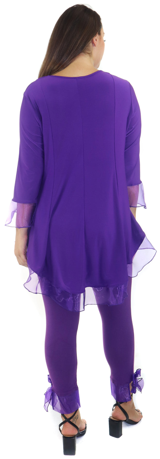Womens High Low Tunic Blouse Top with Organza Sleeves and Hemline, Regular and Plus Sizes