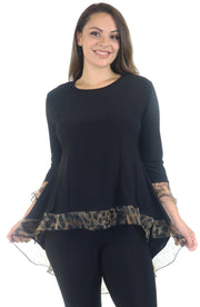 Womens High Low Tunic Blouse Top with Organza Sleeves and Hemline, Regular and Plus Sizes