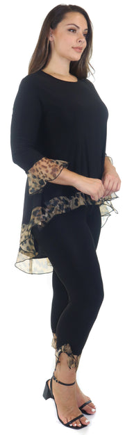 Womens High Low Tunic Blouse Top with Organza Sleeves and Hemline, Regular and Plus Sizes