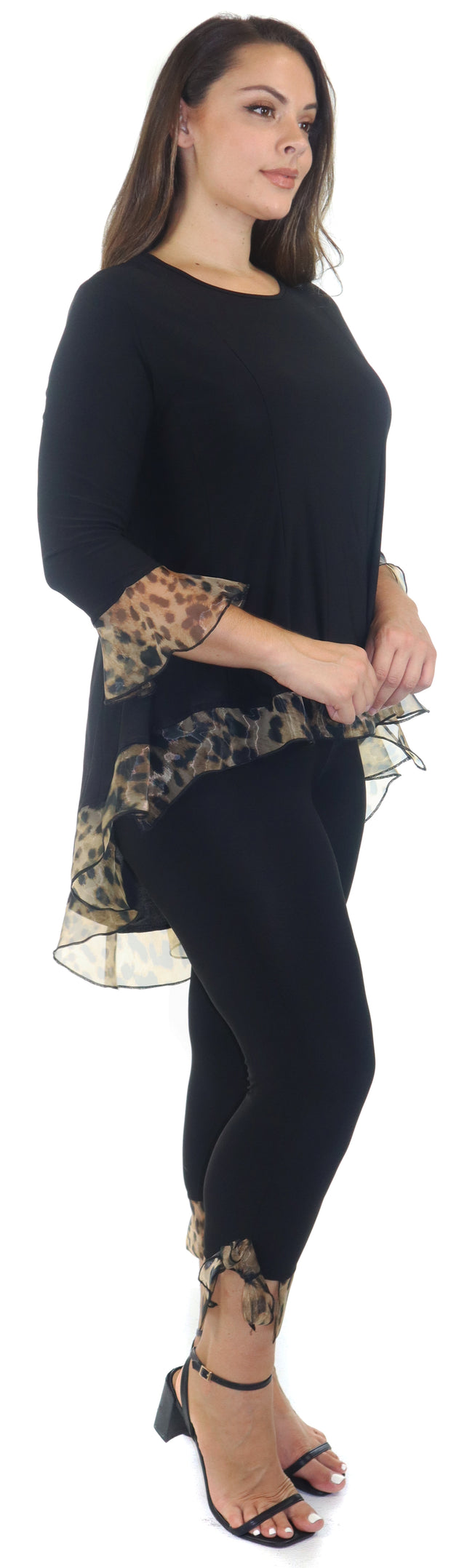 Womens High Low Tunic Blouse Top with Organza Sleeves and Hemline, Regular and Plus Sizes