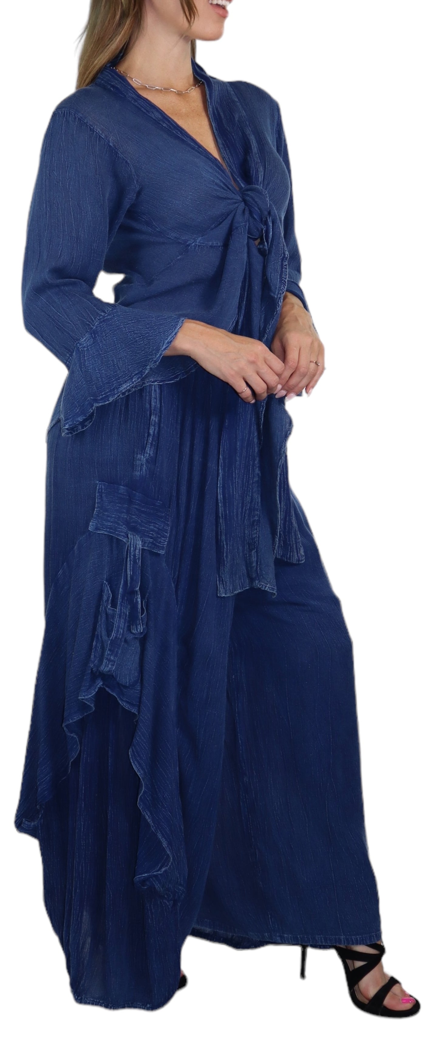 Women's Boho 2 Piece Linen Wrap Up Jumpsuit + Pants Set | Regular and Plus Sizes