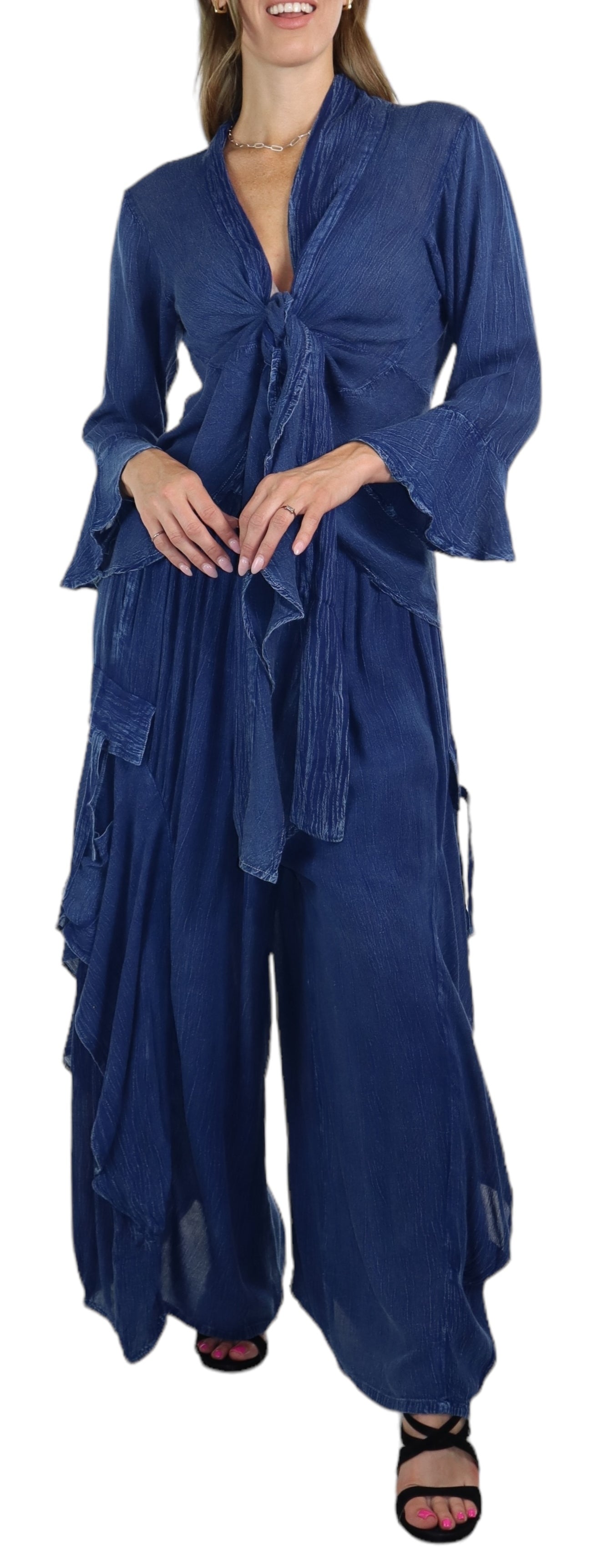 Women's Boho 2 Piece Linen Wrap Up Jumpsuit + Pants Set | Regular and Plus Sizes