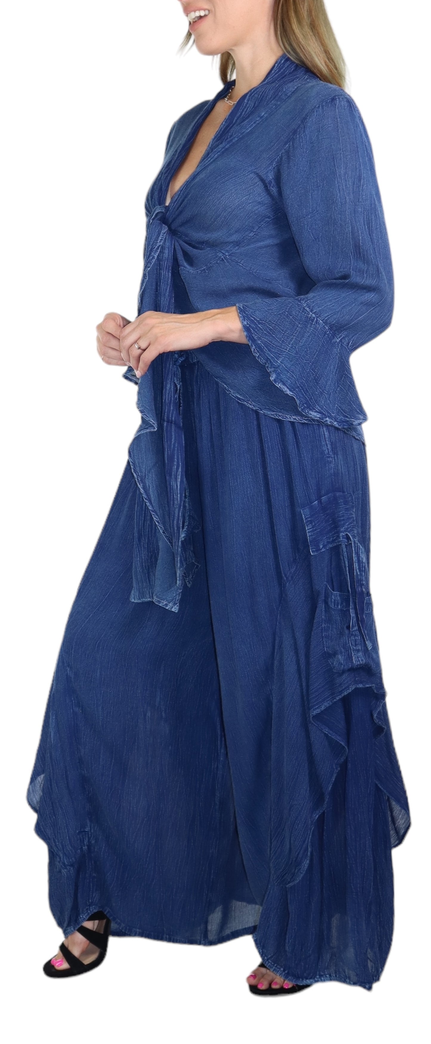 Women's Boho 2 Piece Linen Wrap Up Jumpsuit + Pants Set | Regular and Plus Sizes