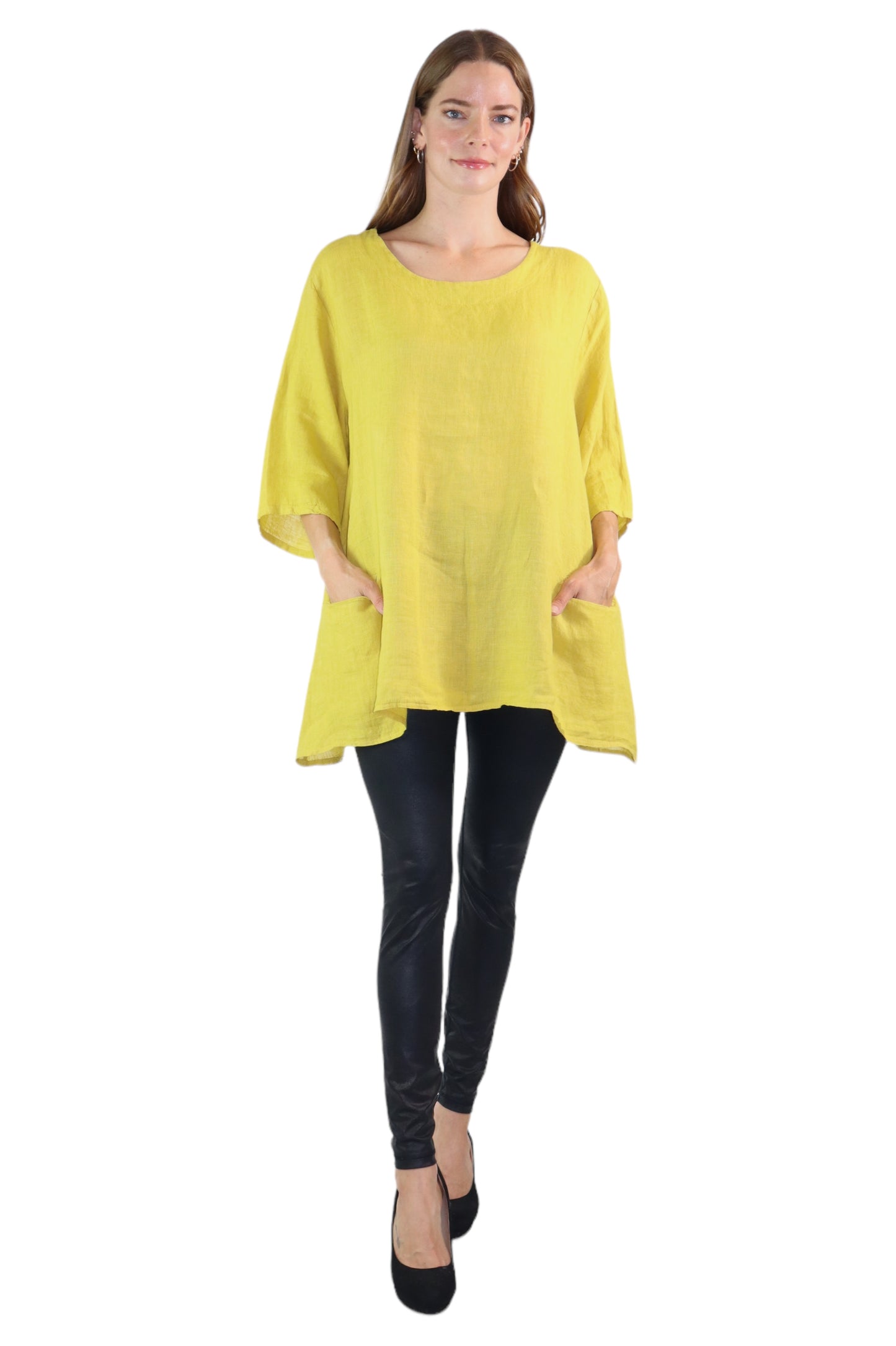 Womens 100% Linen Loose Fitting Bohemian Tunic Top with 3/4 Sleeves and Front Pockets | One Size Fits all (S-2X)