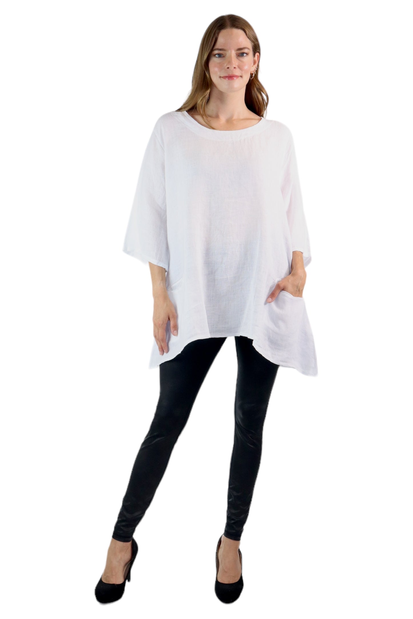 Womens 100% Linen Loose Fitting Bohemian Tunic Top with 3/4 Sleeves and Front Pockets | One Size Fits all (S-2X)