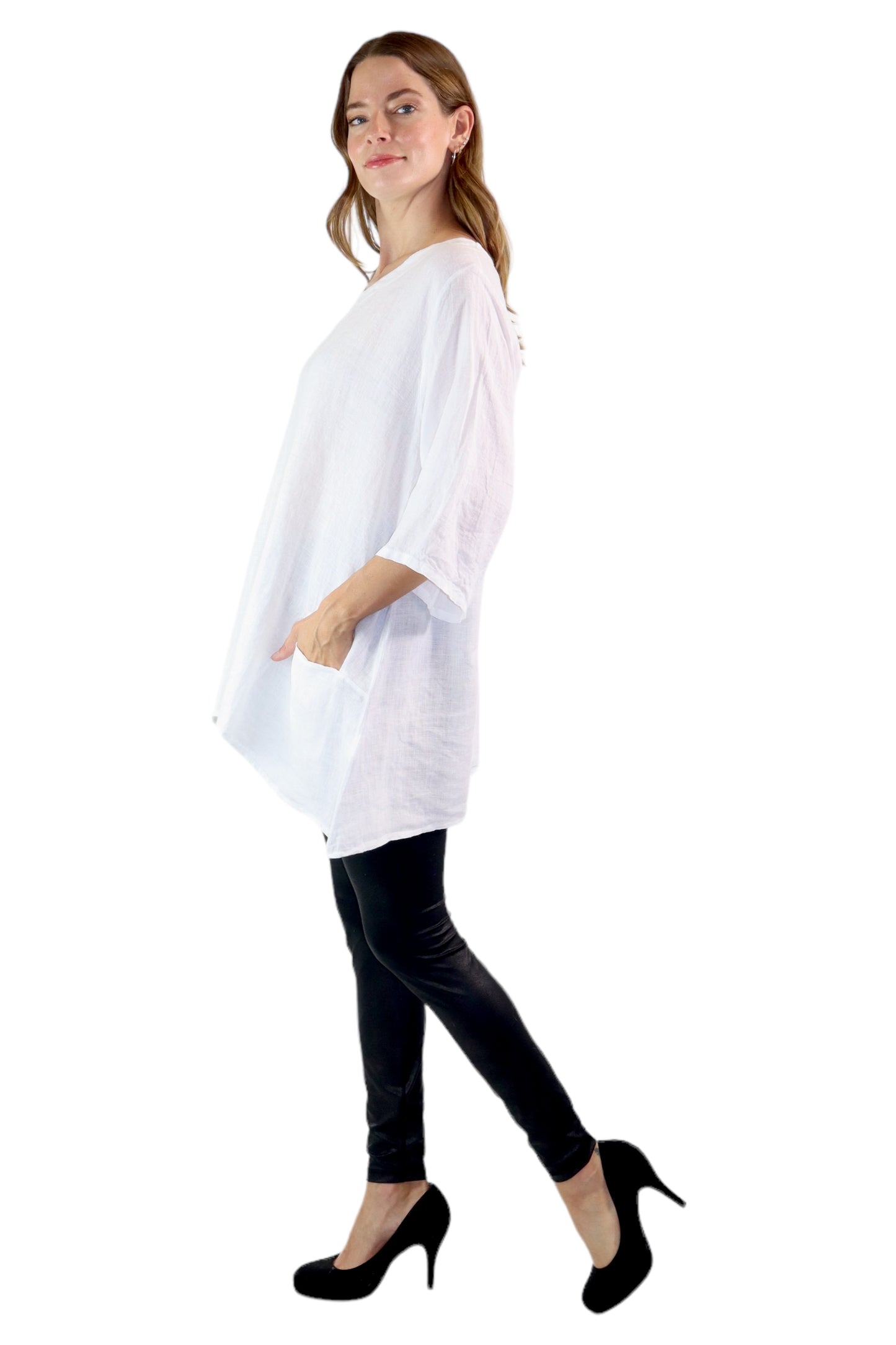 Womens 100% Linen Loose Fitting Bohemian Tunic Top with 3/4 Sleeves and Front Pockets | One Size Fits all (S-2X)