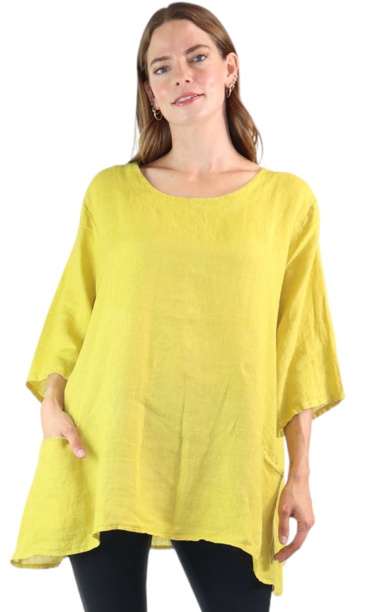 Womens 100% Linen Loose Fitting Bohemian Tunic Top with 3/4 Sleeves and Front Pockets | One Size Fits all (S-2X)