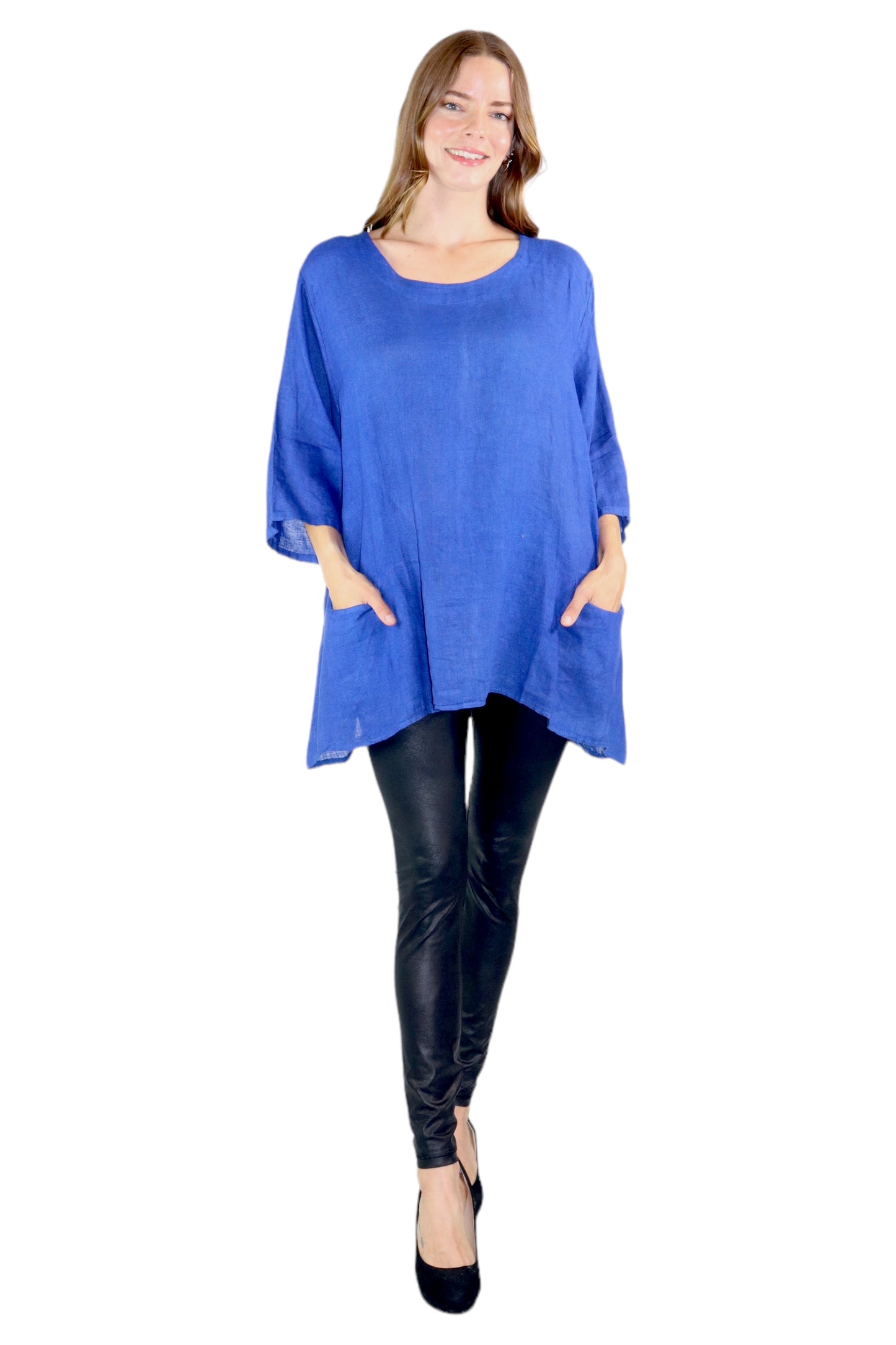 Womens 100% Linen Loose Fitting Bohemian Tunic Top with 3/4 Sleeves and Front Pockets | One Size Fits all (S-2X)