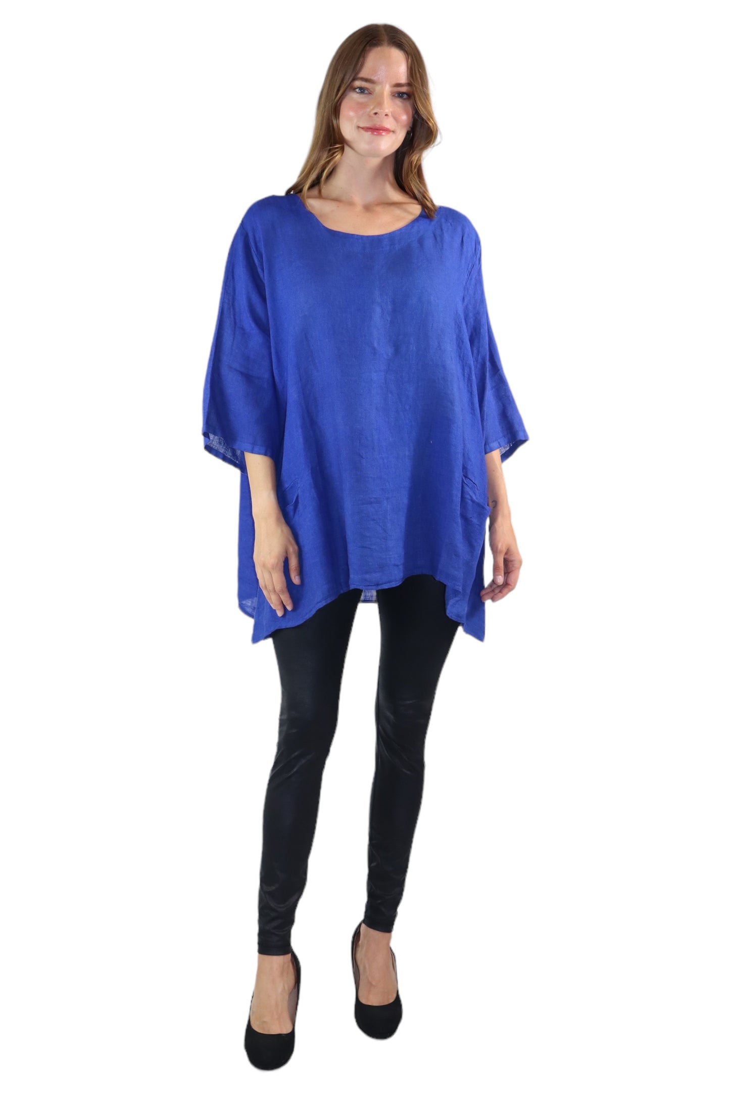 Womens 100% Linen Loose Fitting Bohemian Tunic Top with 3/4 Sleeves and Front Pockets | One Size Fits all (S-2X)