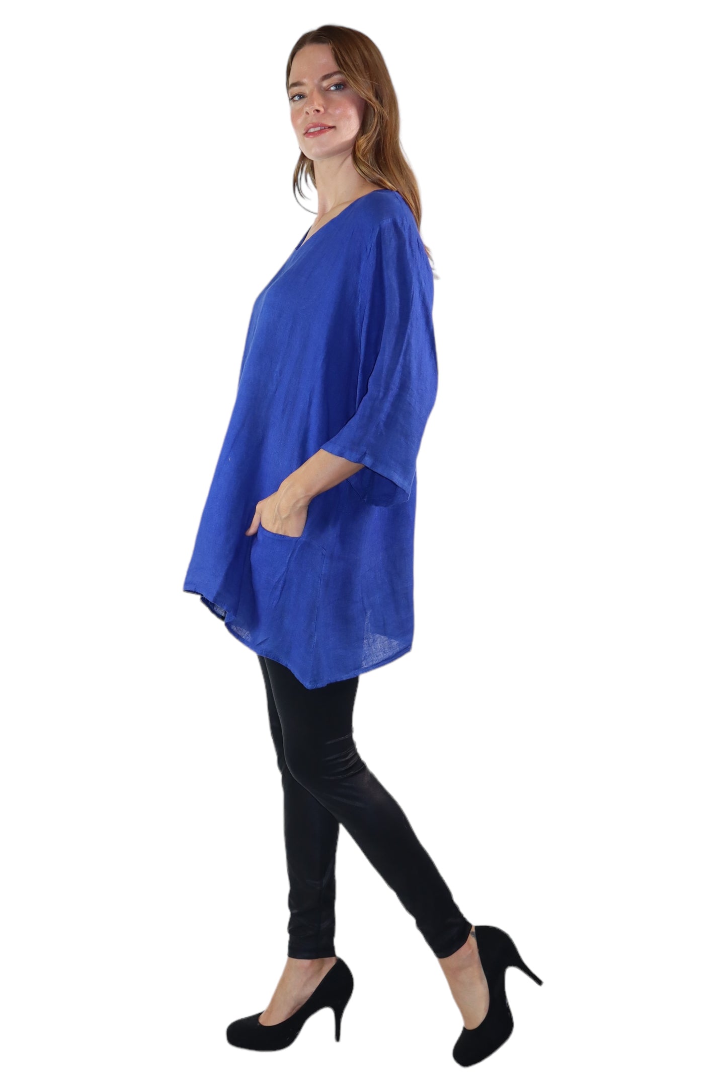 Womens 100% Linen Loose Fitting Bohemian Tunic Top with 3/4 Sleeves and Front Pockets | One Size Fits all (S-2X)