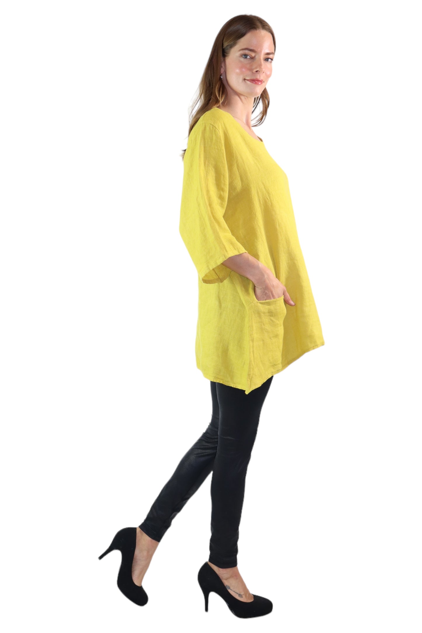 Womens 100% Linen Loose Fitting Bohemian Tunic Top with 3/4 Sleeves and Front Pockets | One Size Fits all (S-2X)