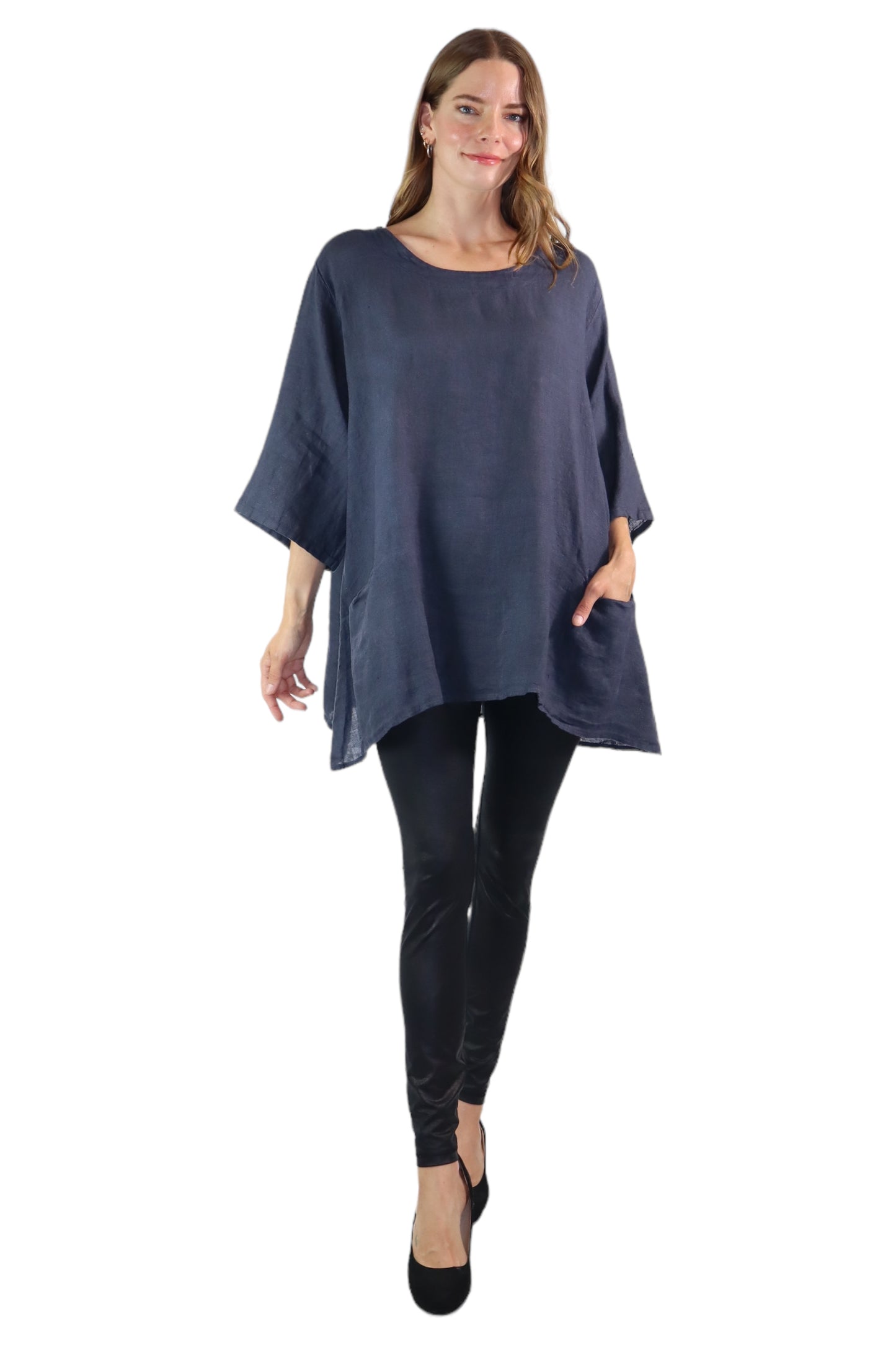 Womens 100% Linen Loose Fitting Bohemian Tunic Top with 3/4 Sleeves and Front Pockets | One Size Fits all (S-2X)