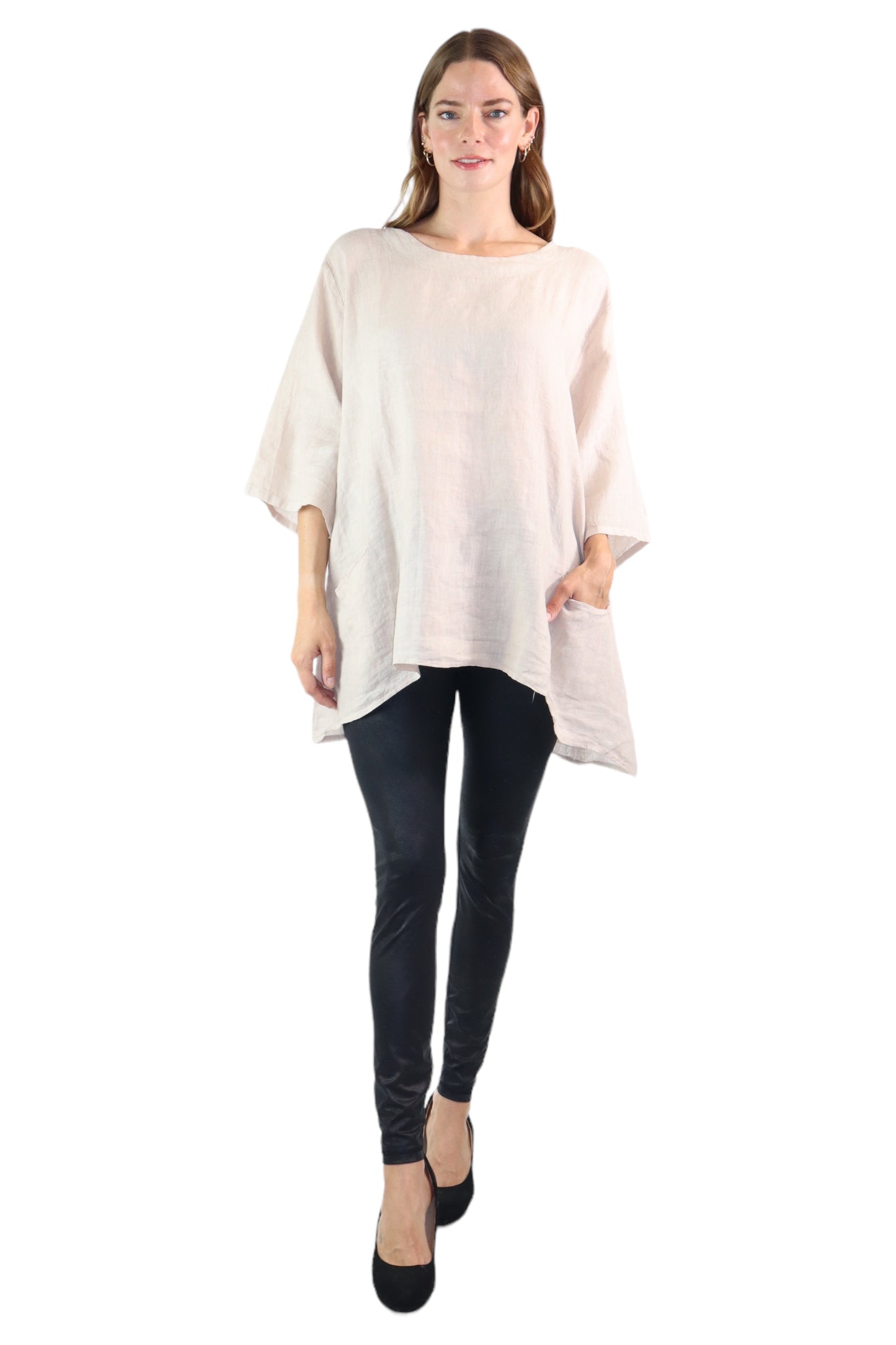 Womens 100% Linen Loose Fitting Bohemian Tunic Top with 3/4 Sleeves and Front Pockets | One Size Fits all (S-2X)